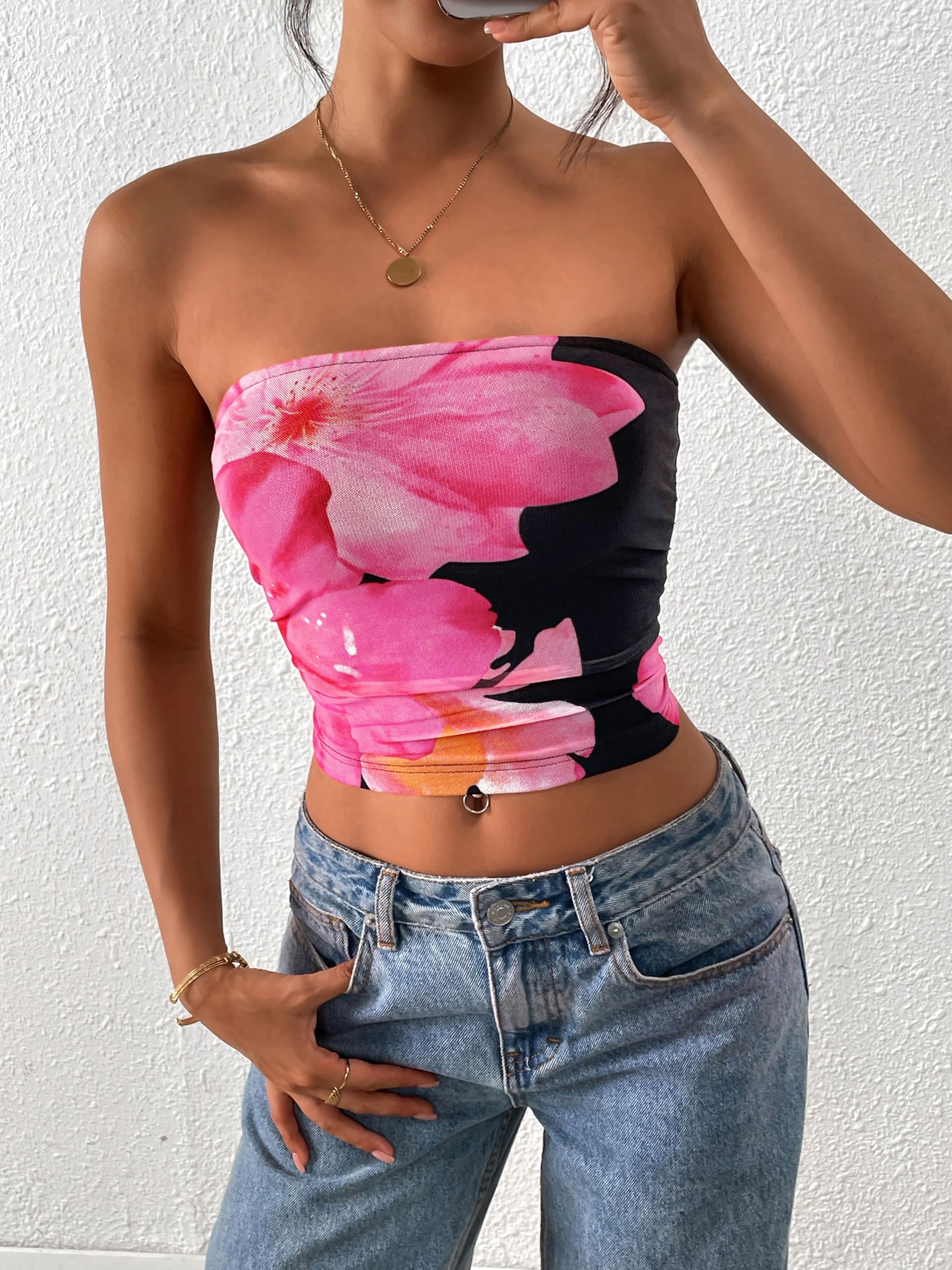 FreshPretty Womens Fashion Summer Floral Mesh Tube Top Ruched Going Out Bandeau Sleeveless Strapless Crop Tops Y2k Clothes