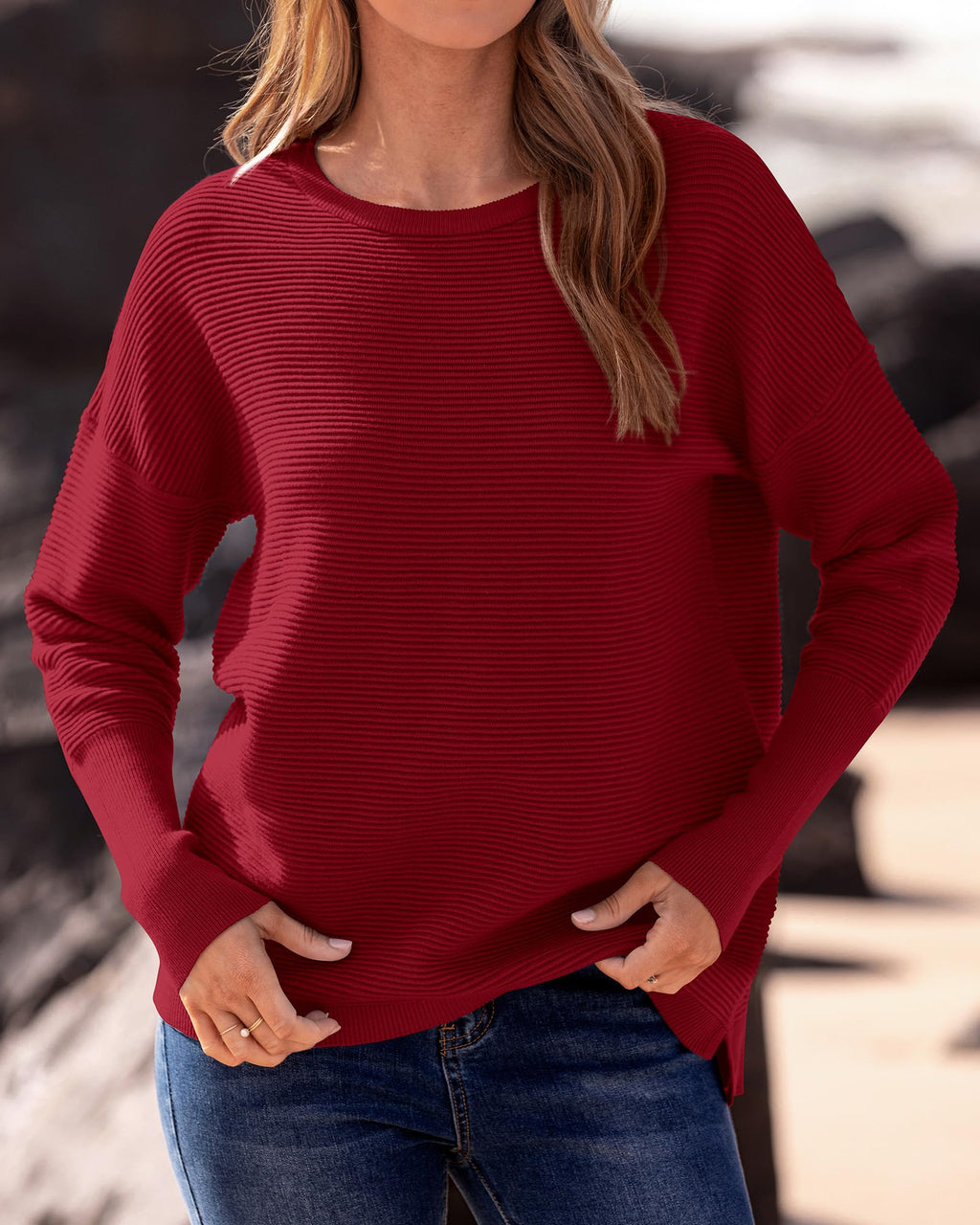 FreshPrettyFall Sweaters for Women Casual Long Sleeve Sweater Striped Loose Fit Pullover Tops