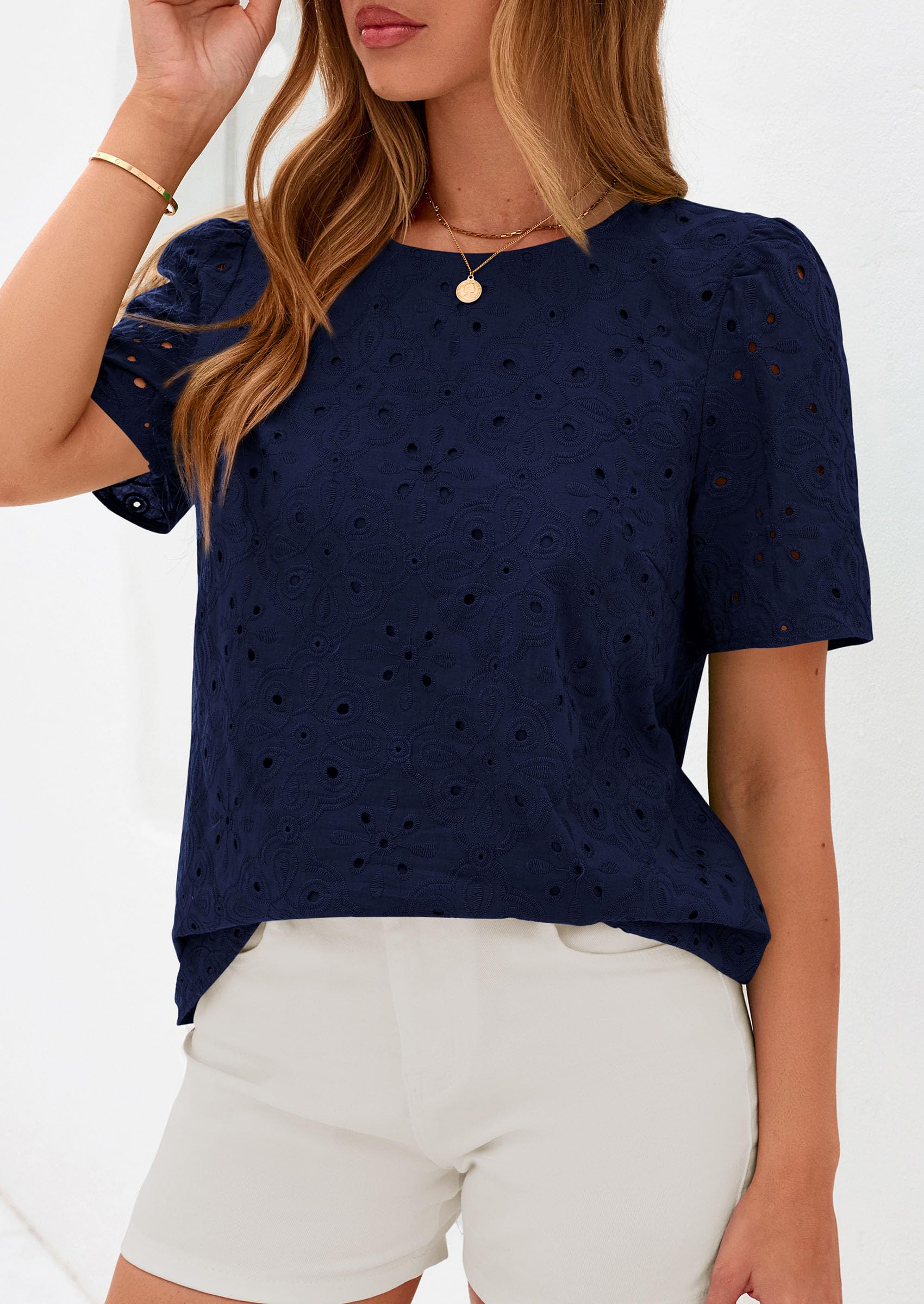 PRETTYGARDEN Women's Puff Short Sleeve Eyelet Shirts Summer Lace Blouses Dressy Casual Work Tops Spring Teacher Clothes