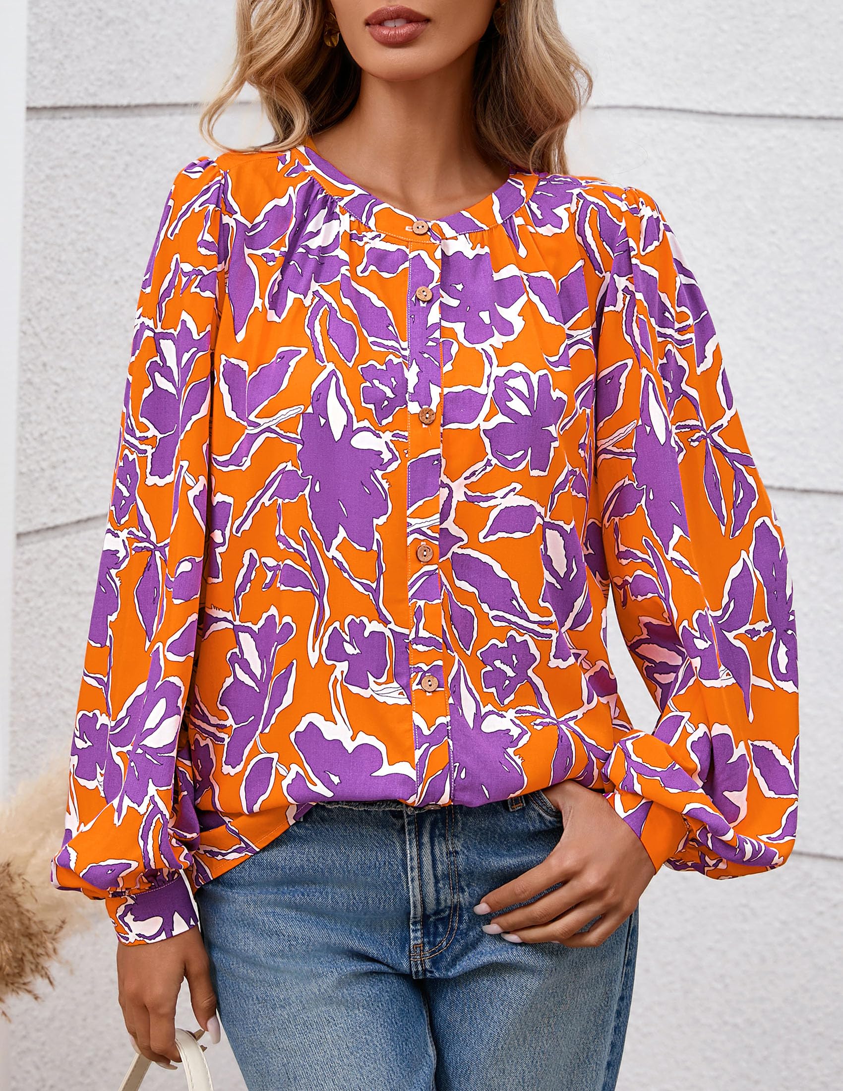 PRETTYGARDEN Women's Floral Button Down Blouse Fall Fashion Dressy Casual Long Sleeve Oversized Shirts Top Boho Clothes