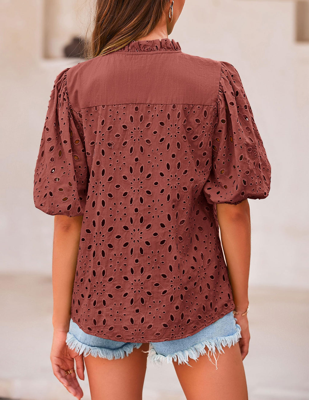 PRETTYGARDEN Women's Summer Tops Dressy Casual Short Sleeve V Neck Buttons Hollow Out Lace Embroidered Blouses Shirts
