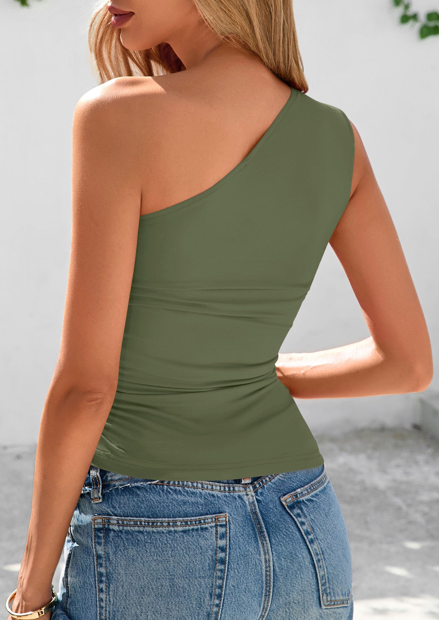 PRETTYGARDEN Womens  Summer Y2K Tops Sleeveless One Shoulder Slim Fit Shirts Ruched Knit Asymmetrical Top Blouse