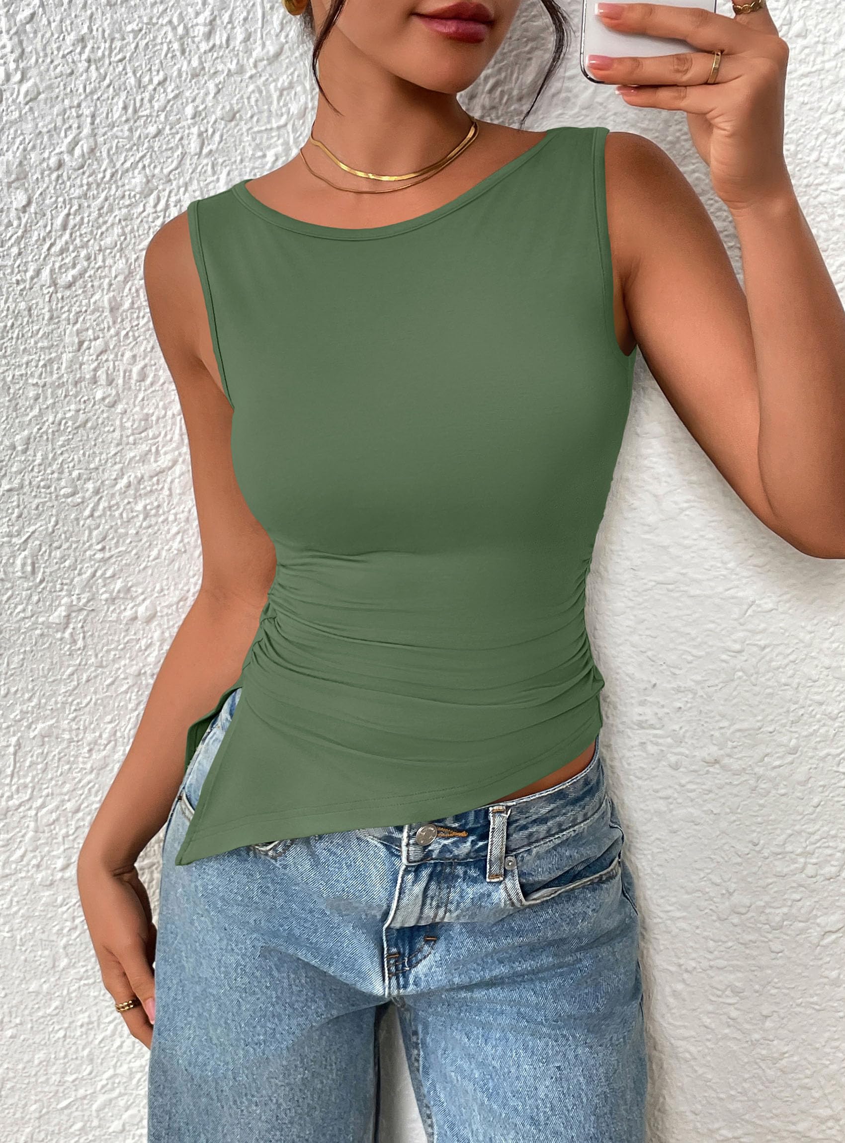 PRETTYGARDEN Womens Ruched Tank Tops  Summer Sleeveless Slim Fit T Shirts Blouses Going Out Y2K Fashion Clothes