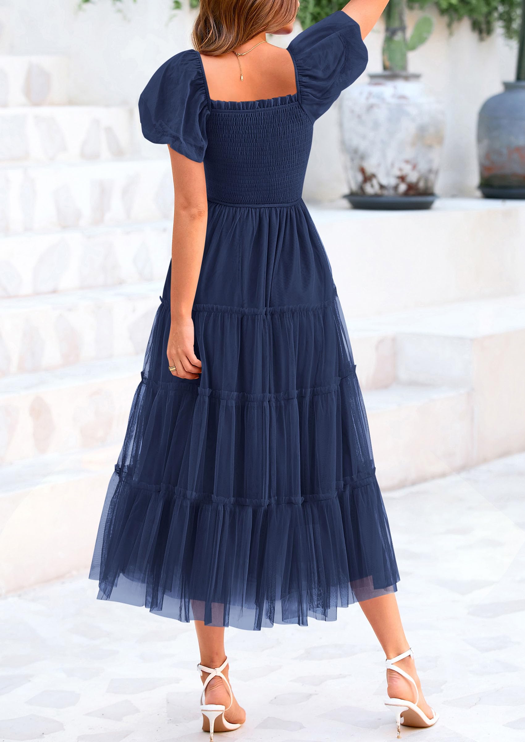 PRETTYGARDEN Women's Smocked Midi Tulle Dress  Summer Puffy Short Sleeve Square Neck Ruffle Wedding Guest Party Dresses
