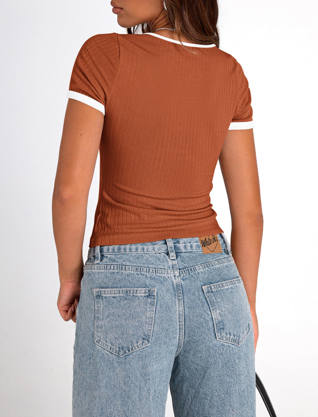 PRETTYGARDEN Women's Summer Short Sleeve T Shirts Ribbed Knit Square Neck Color Block Slim Fit Basic Casual Crop Tops Blouses