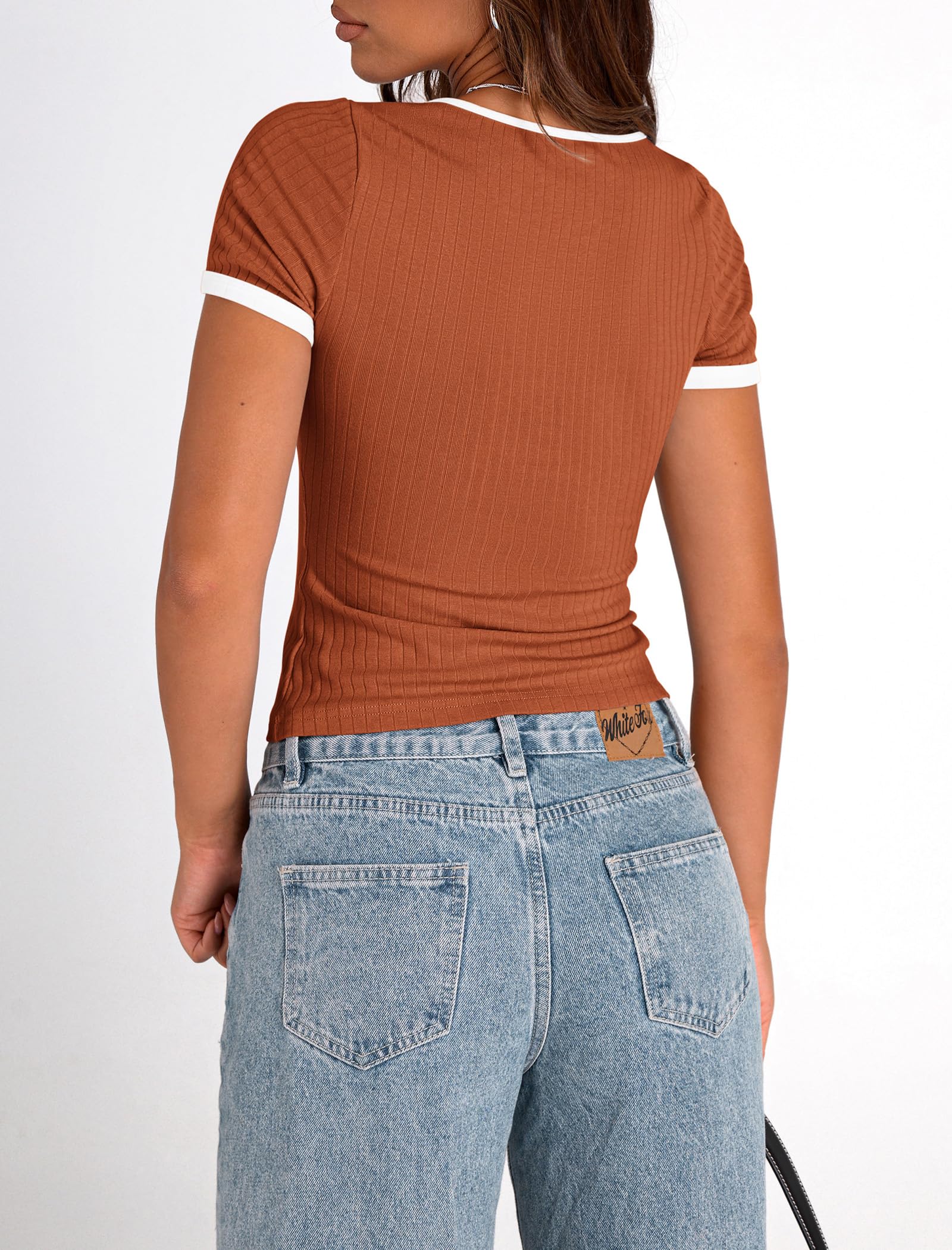 PRETTYGARDEN Women's Summer Short Sleeve T Shirts Ribbed Knit Square Neck Color Block Slim Fit Basic Casual Crop Tops Blouses