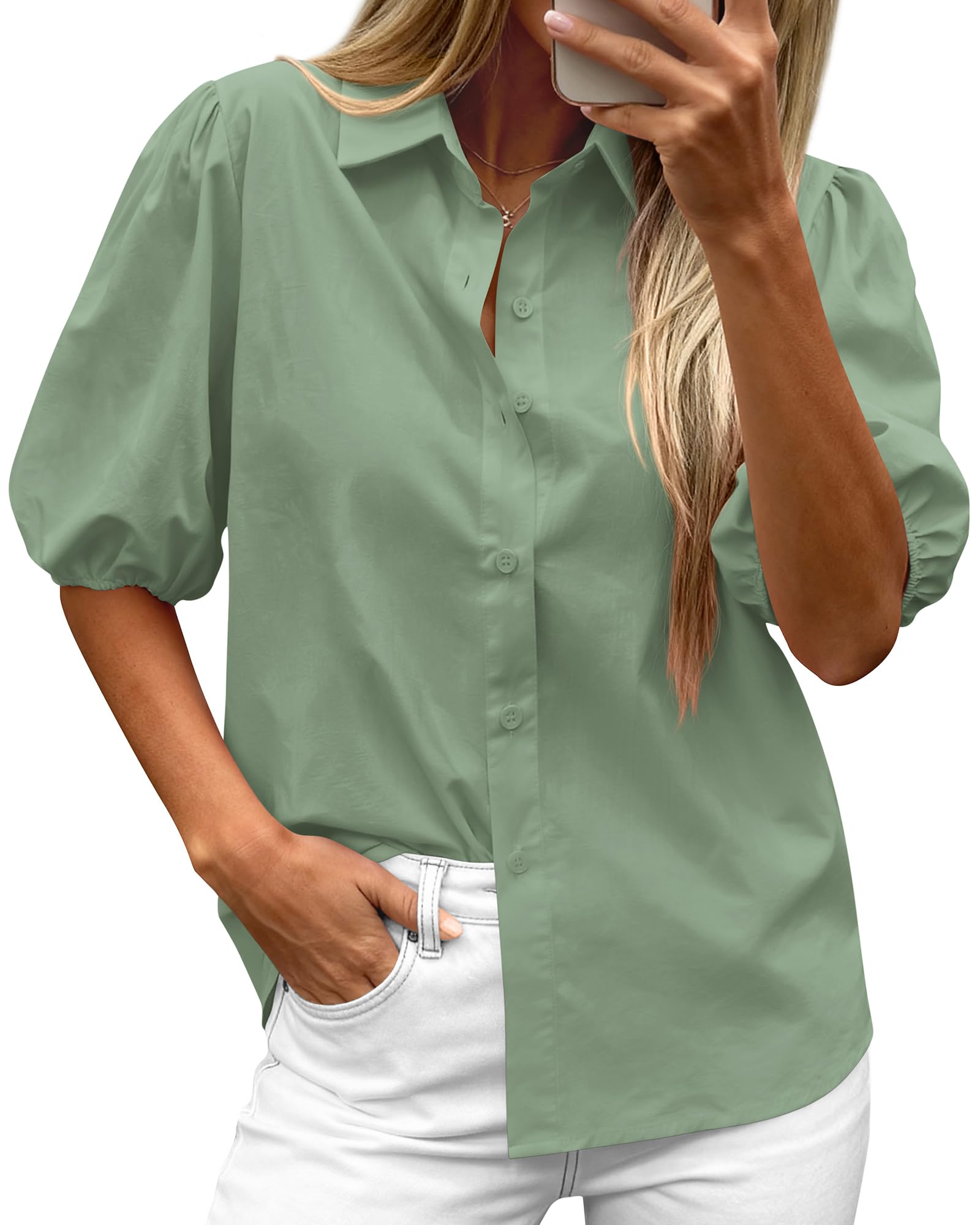 BTFBM Women's Button Down Shirts Short Puff Sleeve Collared V Nec Summer Tops Dressy Casual Work Business Blouses