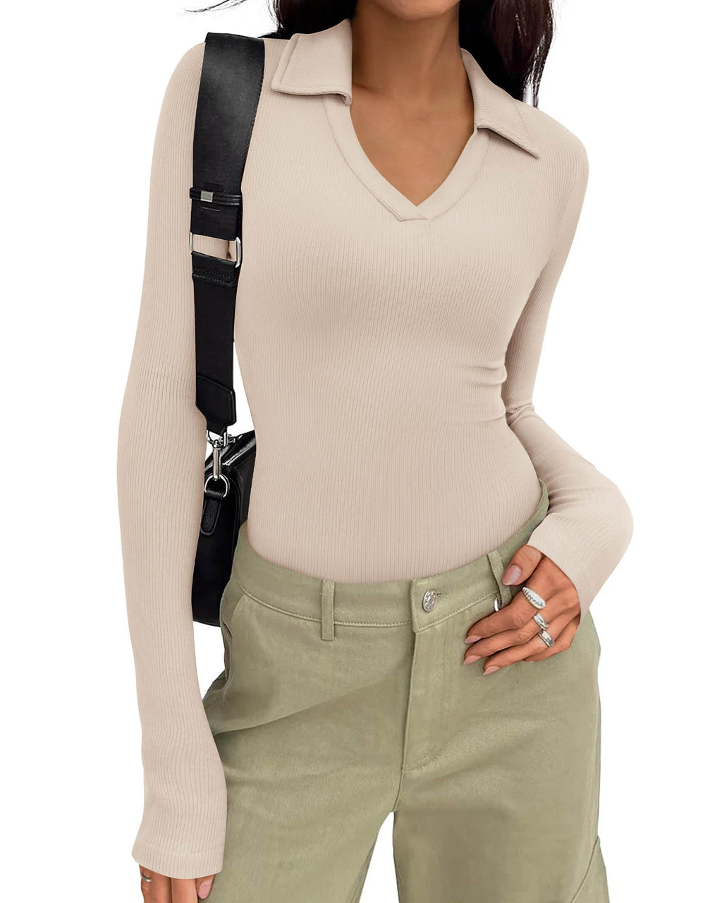 FreshPretty Polo Shirts for Women Long Sleeve Business Casual Tops Spring Fall Ribbed Knit Collared V Neck Slim Work Blouses