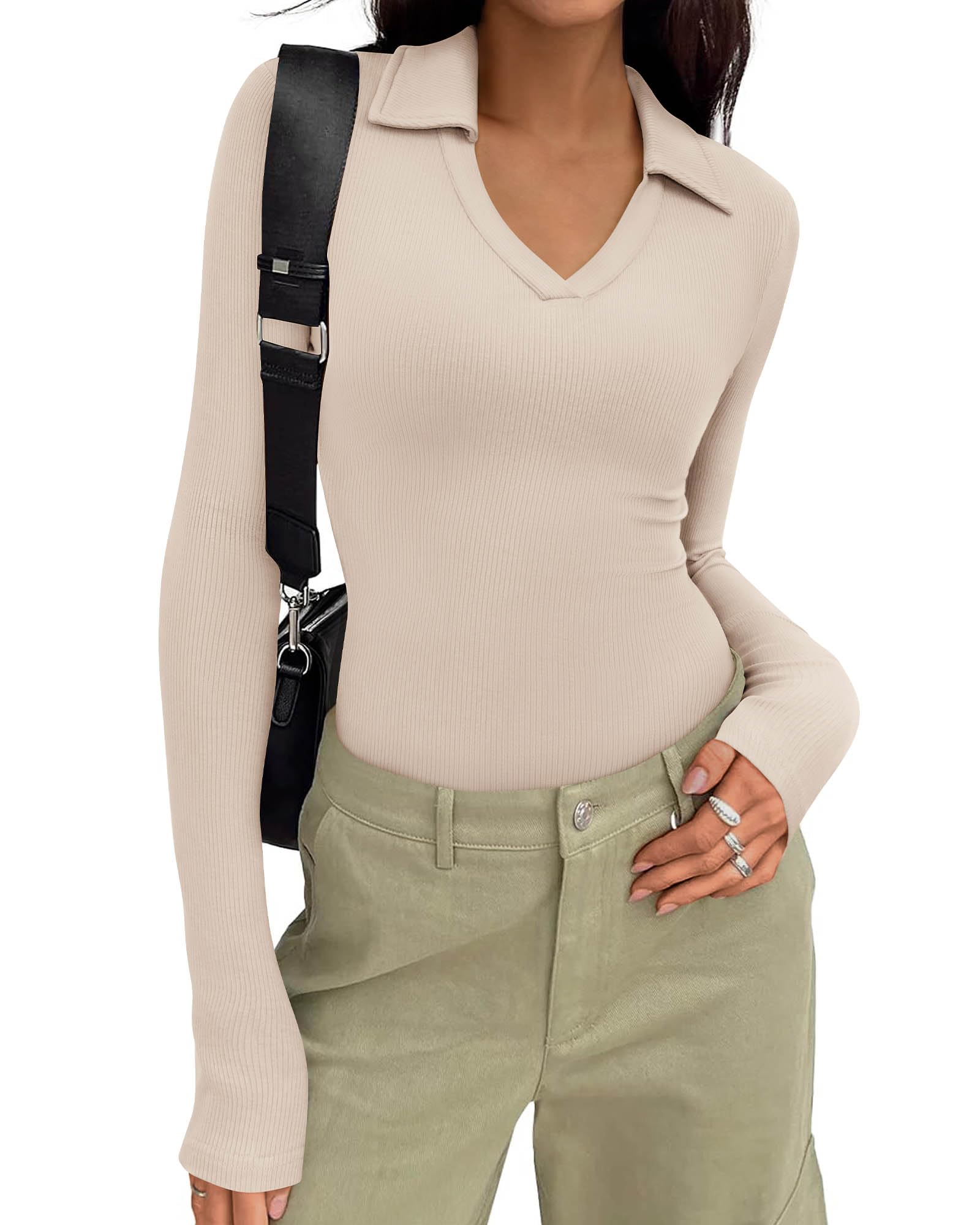 FreshPretty Polo Shirts for Women Long Sleeve Business Casual Tops Spring Fall Ribbed Knit Collared V Neck Slim Work Blouses
