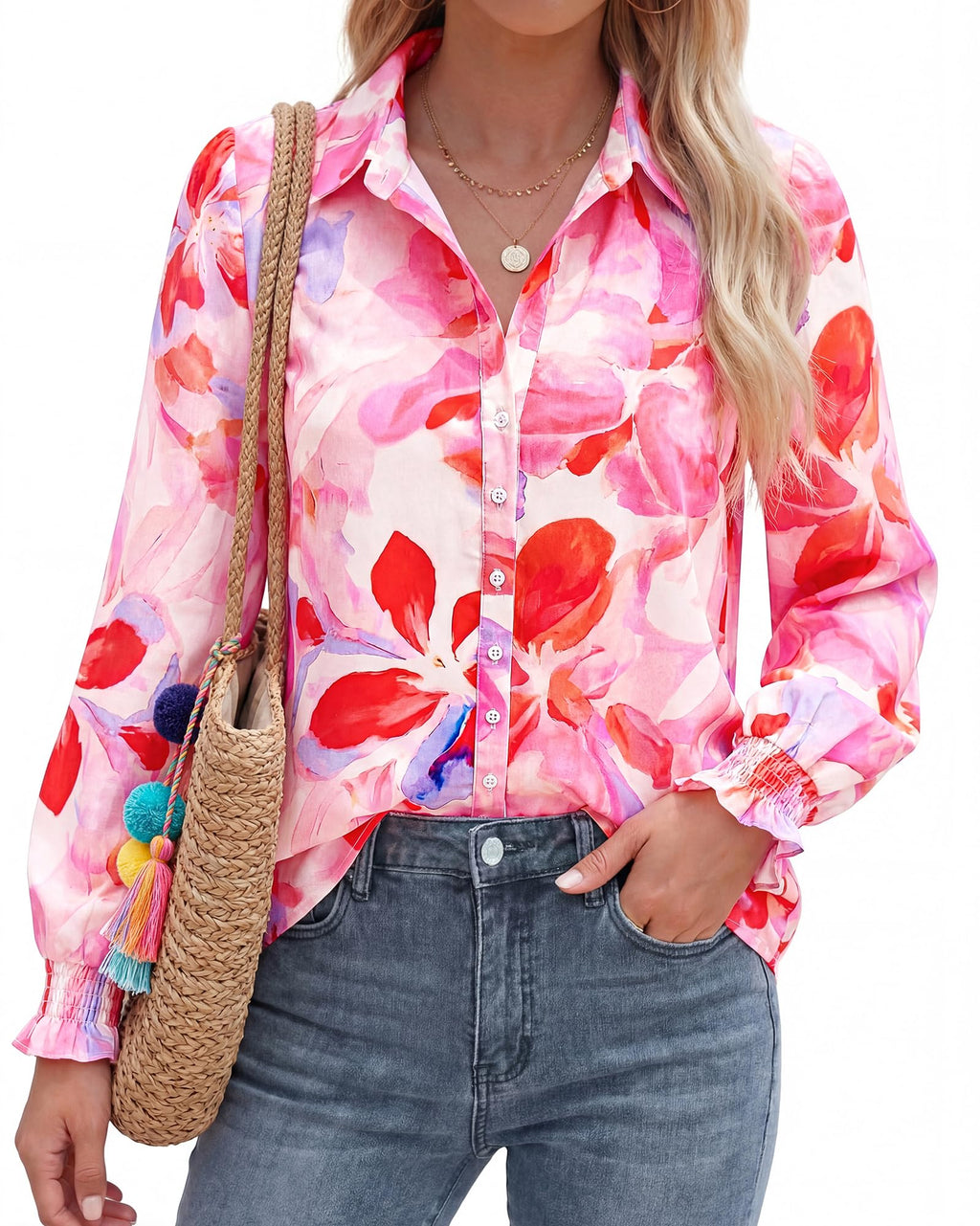 BTFBM Long Sleeve Blouses for Women, Floral V Neck Button Down Shirts, Smocked Cuffs, Business Casual Summer Outfits