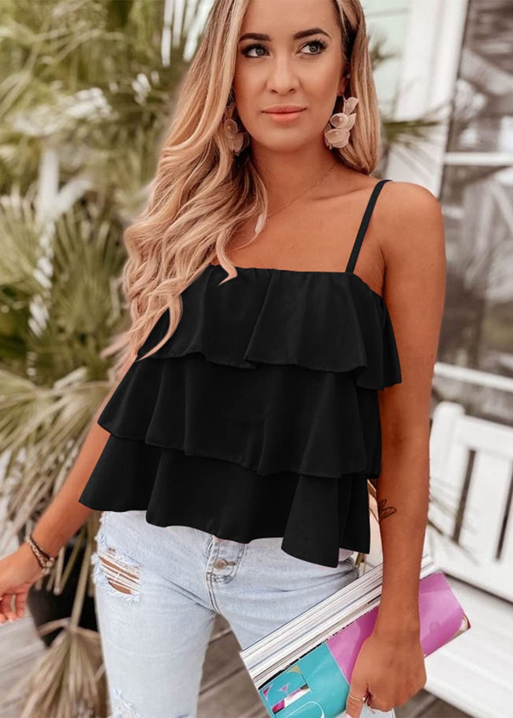 FreshPretty Spaghetti Strap Ruffle Babydoll Peplum Tank Tops for Women Summer Cute Flowy Beach Vacation Cruise Outfits