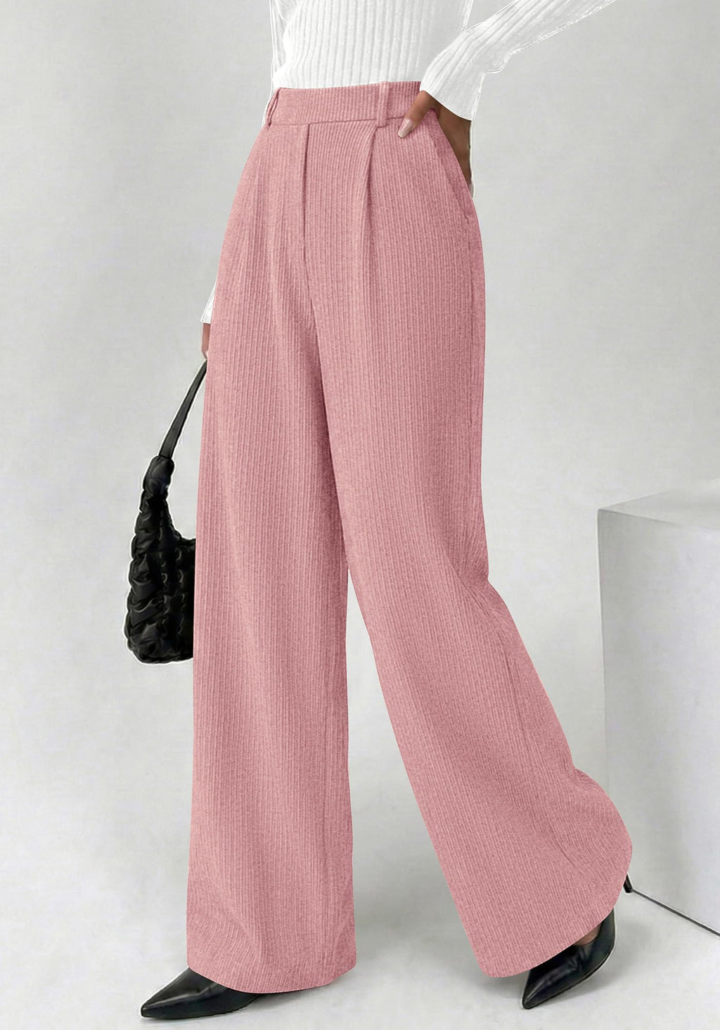 BTFBM Wide Leg Pants for Women Dressy Work Business Casual Elastic High Waisted Trousers Ribbed Lounge Palazzo Pants