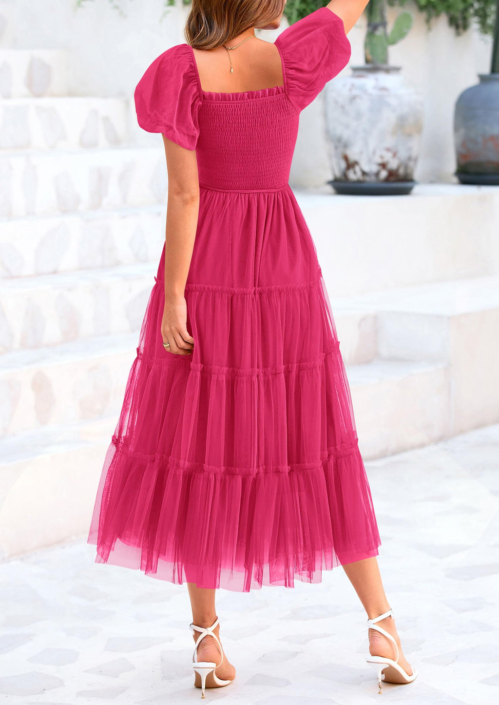 PRETTYGARDEN Women's Smocked Midi Tulle Dress  Summer Puffy Short Sleeve Square Neck Ruffle Wedding Guest Party Dresses