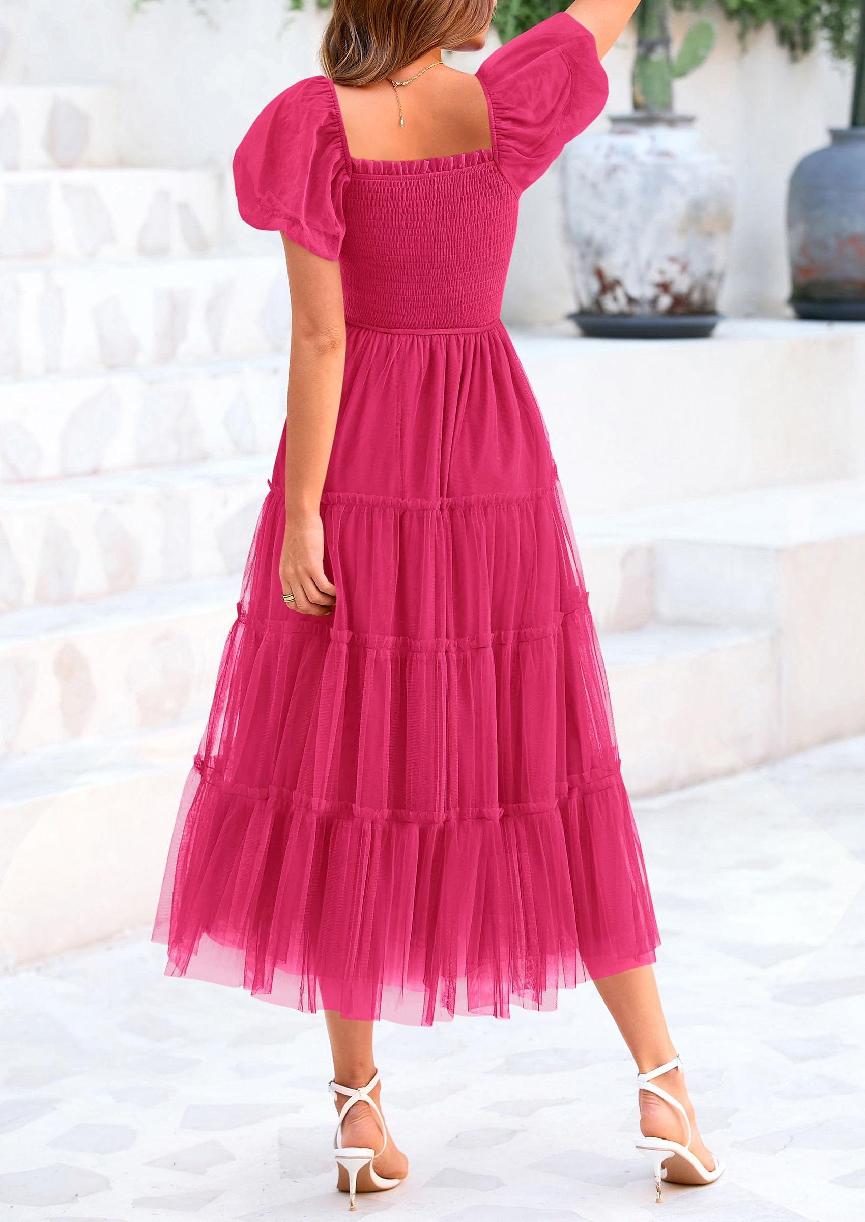 PRETTYGARDEN Women's Smocked Midi Tulle Dress  Summer Puffy Short Sleeve Square Neck Ruffle Wedding Guest Party Dresses