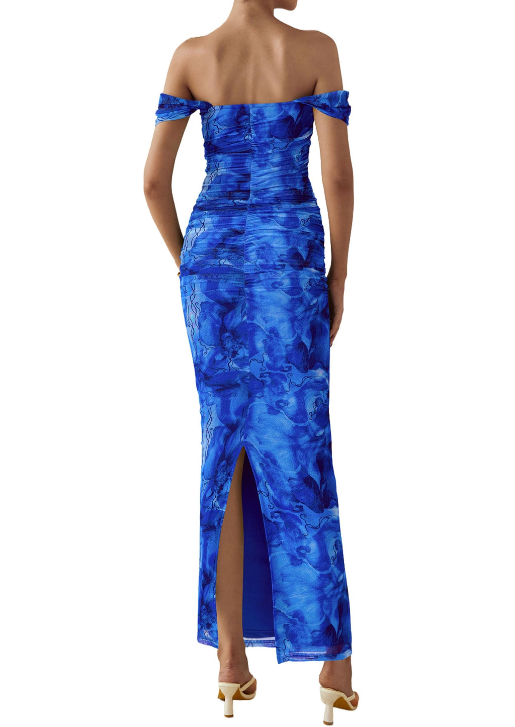 PRETTYGARDEN Cocktail Dresses for Women Summer Floral Off Shoulder Ruched Mesh Elegant Wedding Guest Maxi Dress