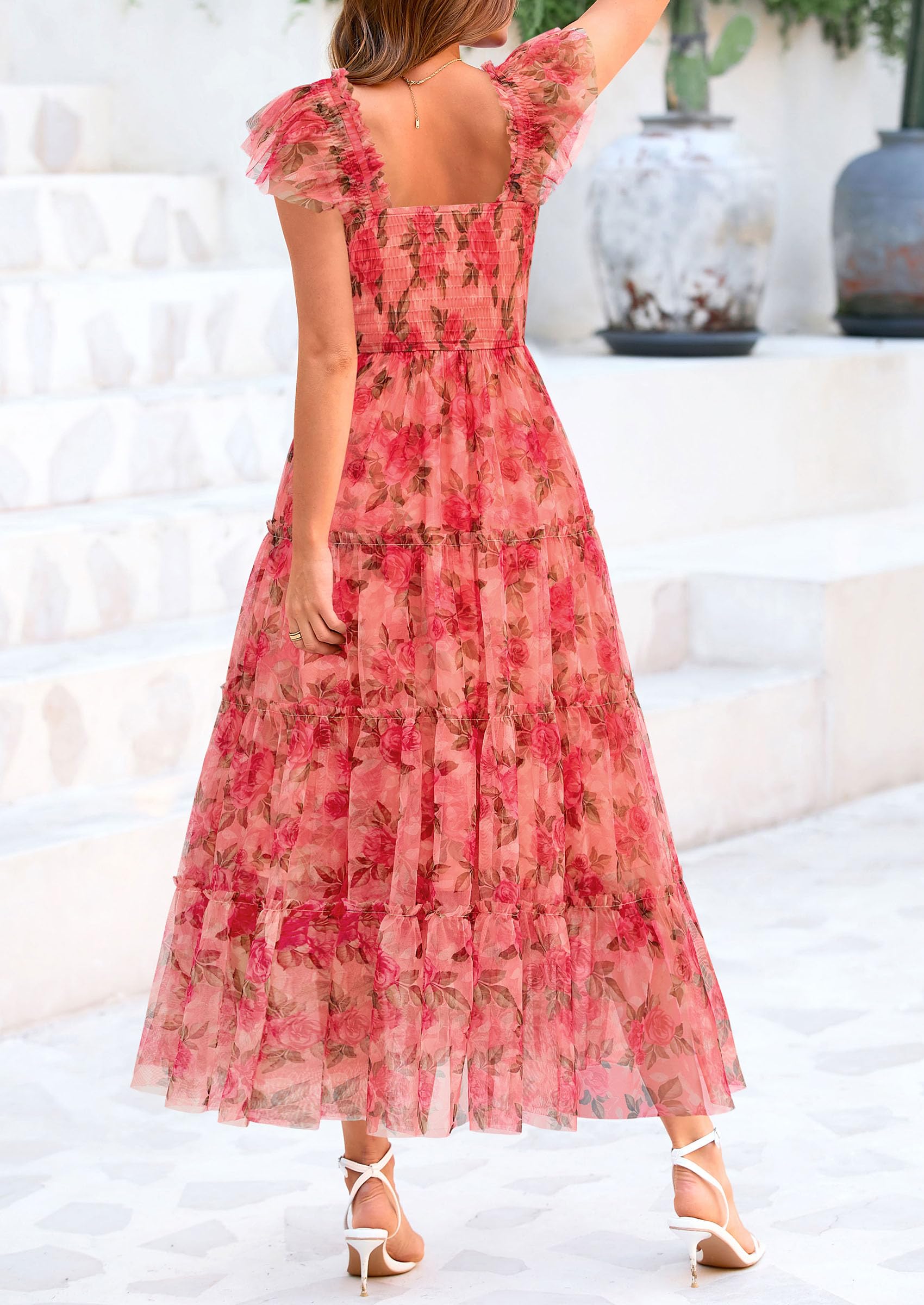 PRETTYGARDEN Women's Summer Tulle Midi Dress Sleeveless Smocked Ruffle Flowy Mesh Dresses Party Wedding Guest Sundress