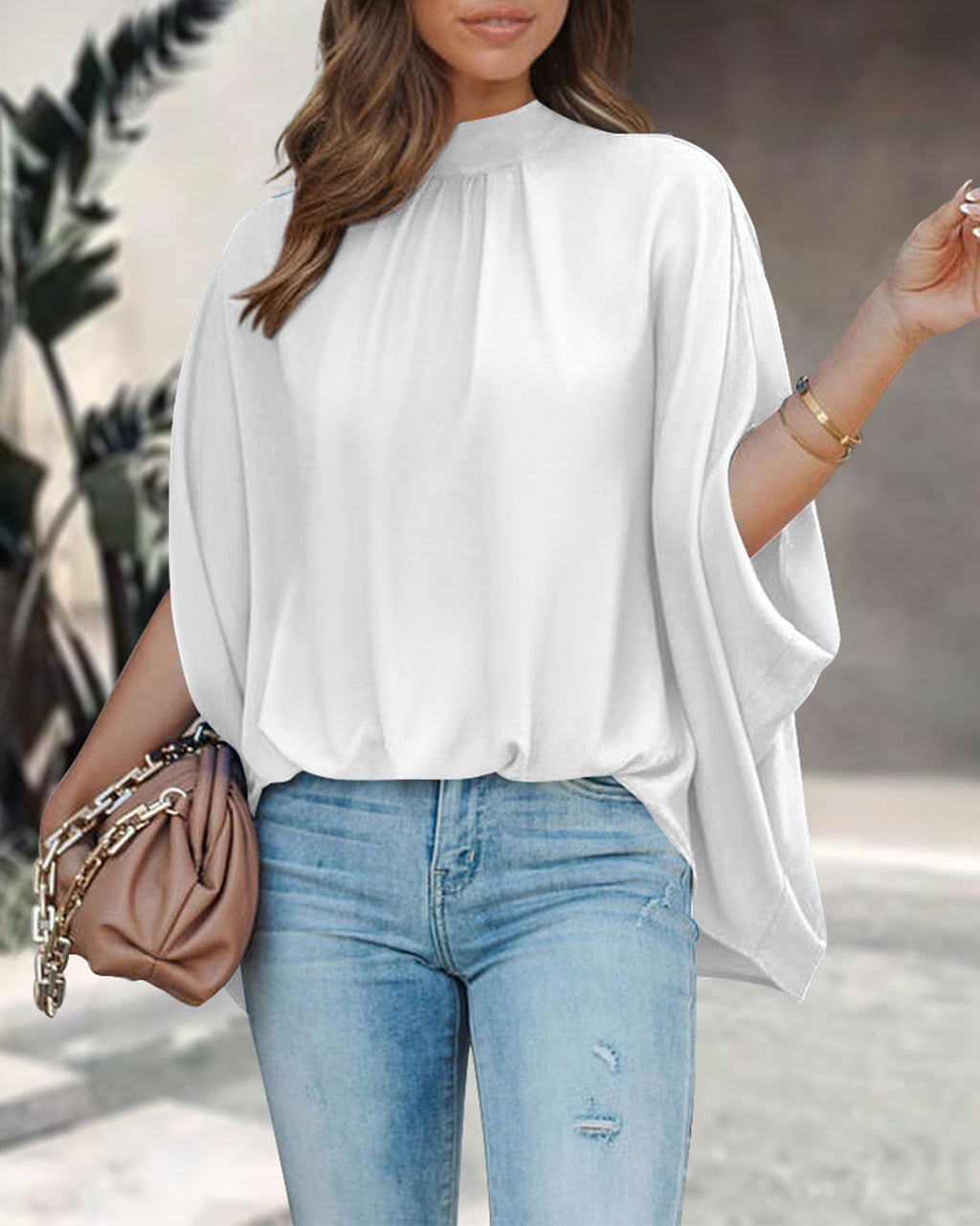 FreshPretty Womens Summer Tops Fall Mock Neck Batwing Sleeve Shirts Loose High Low Hem Oversized Dressy Casual Blouses