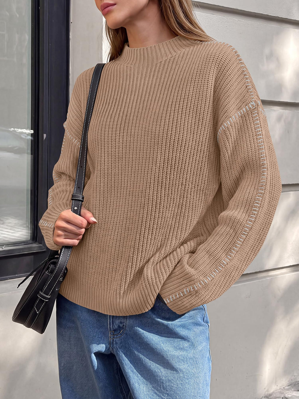 "BTFBM Womens Oversized Sweaters Contrast Chunky Knit Sweater Loose Fit Mock Neck Long Sleeve Tops, Soft Cozy Knitwear, Fall Fashion 2026, Casual Winter Clothing, Daily Going Out Outfits"