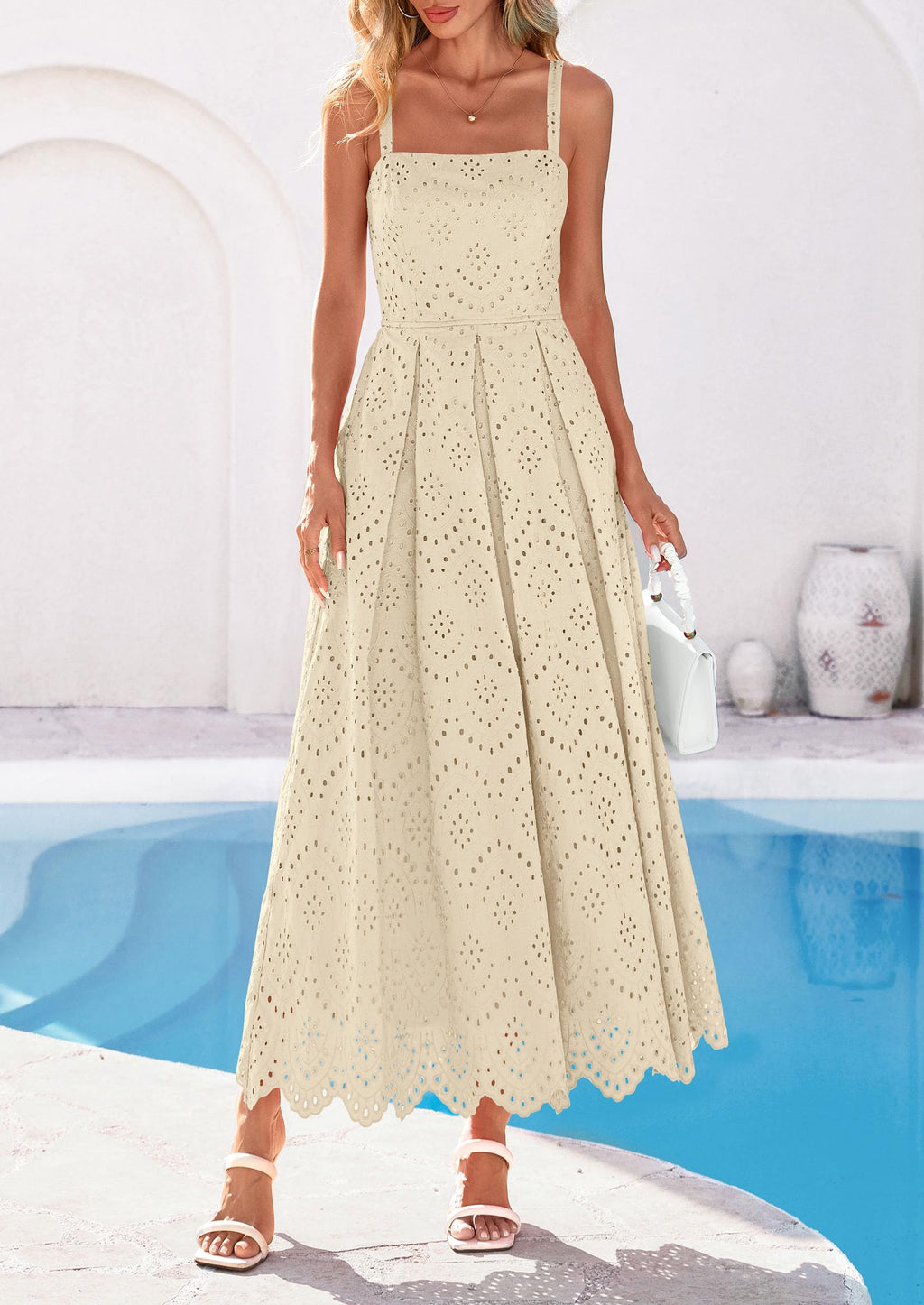 PRETTYGARDEN Womens Sleeveless Maxi Summer Dresses Hollow Out Eyelet Square Neck Ruffle Flowy Beach Vacation Sundress