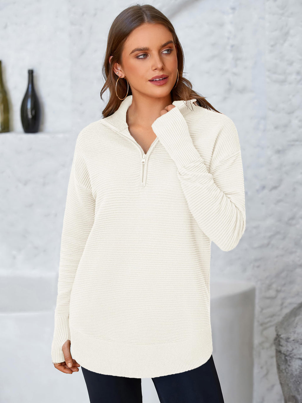 PRETTYGARDEN Womens Long Sleeve Quarter Zip Pullover Sweater Casual Loose V Neck Collared Ribbed Knit Jumper Tops Thumb Hole