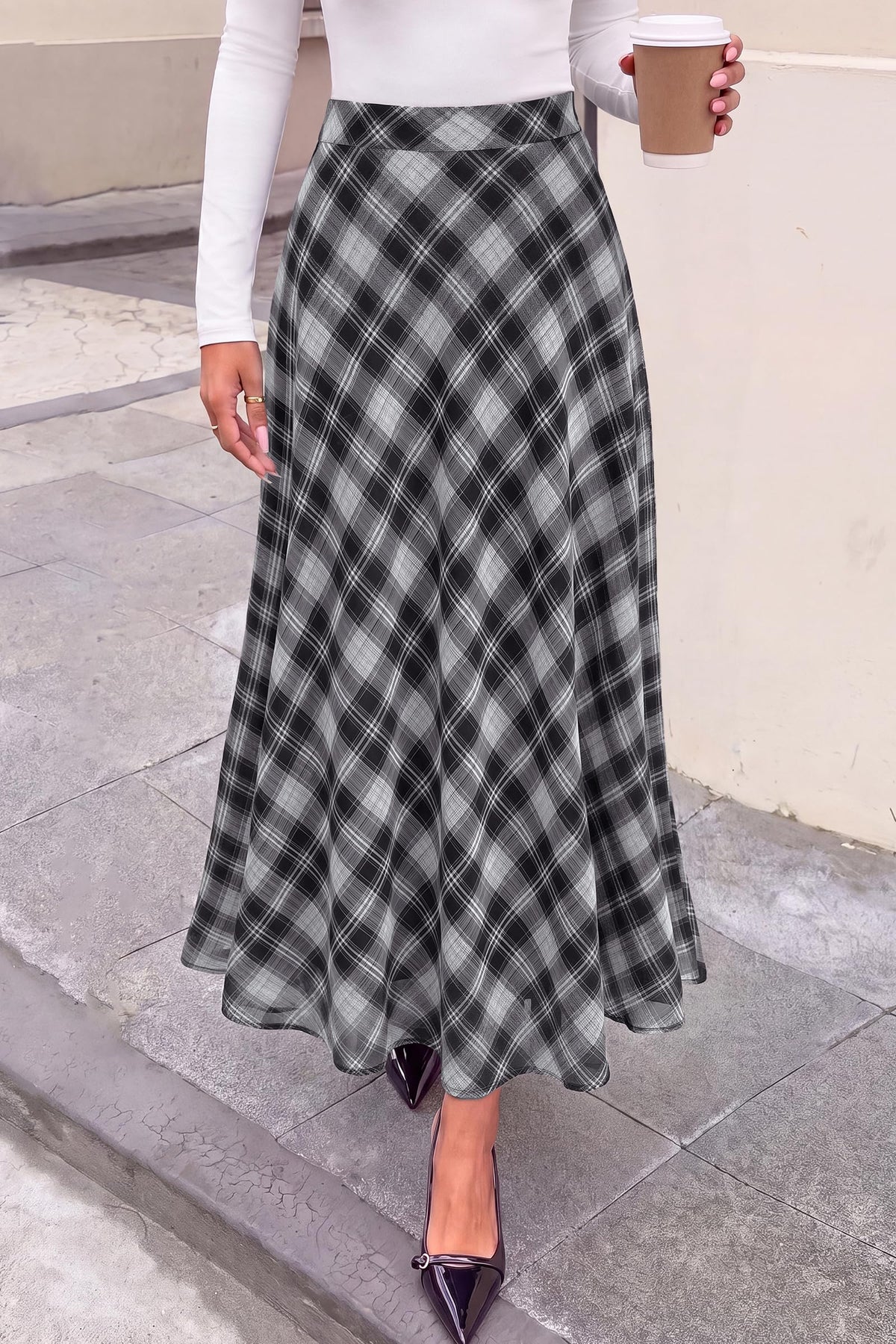 FreshPretty Casual A-Line Plaid Maxi Skirts for Women Trendy Fall Fashion Lightweight Chiffon Gingham Elastic Waist Long Skirt,Cute Winter Clothing,Spring Flowy Beach Vacation Clothes
