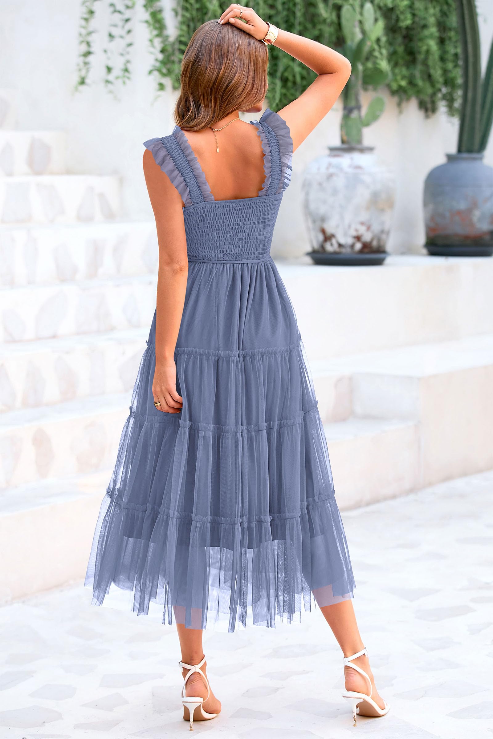 PRETTYGARDEN Women's Summer Tulle Midi Dress Sleeveless Smocked Ruffle Flowy Mesh Dresses Party Wedding Guest Sundress