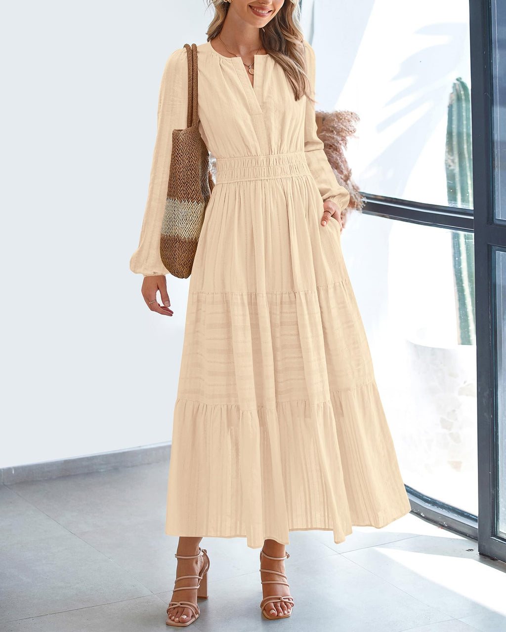 BTFBM Spring Dresses for Women 2026 Casual Long Sleeve V Neck Elastic Waist Lightweight Maxi Wedding Guest Dress Pockets