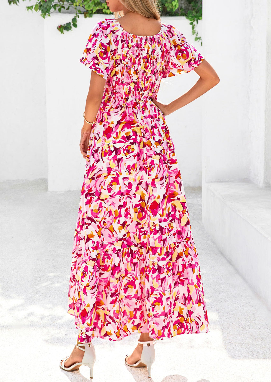 PRETTYGARDEN Boho Dresses for Women Summer Floral Short Sleeve V Neck Smocked Flowy Beach Vacation Maxi Dress