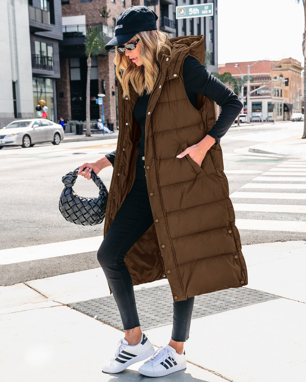 FreshPretty Long Puffer Vest Women Quilted Hooded Button Down Zip Up Sleeveless Vests Outerwear Padded Jacket Fall Winter Coat