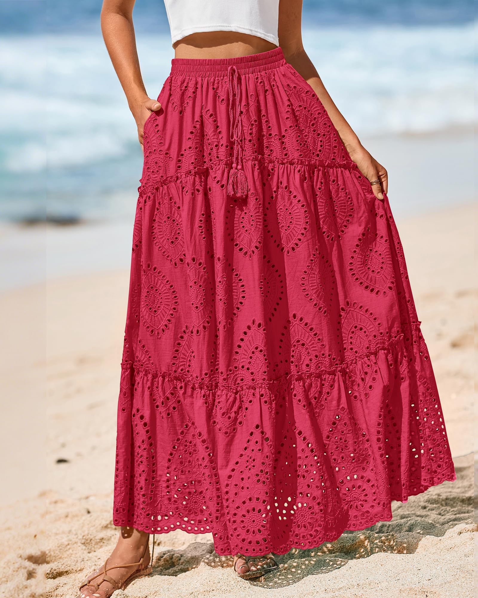 BTFBM Long Skirts for Women Summer Boho Lace Embroidery High Waist Flowy Tiered Spring Maxi Skirt Beach Vacation