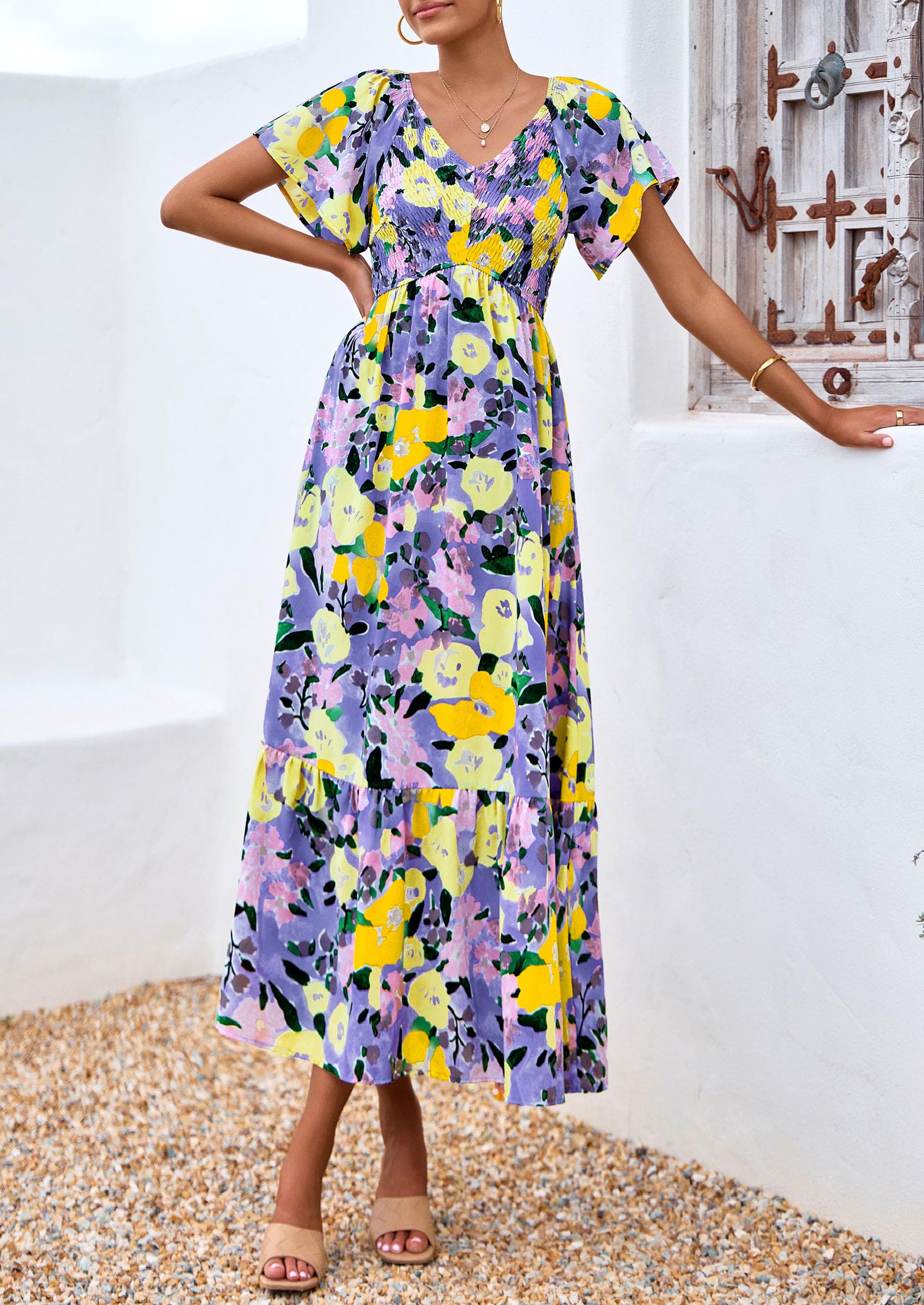 PRETTYGARDEN Boho Dresses for Women Summer Floral Short Sleeve V Neck Smocked Flowy Beach Vacation Maxi Dress