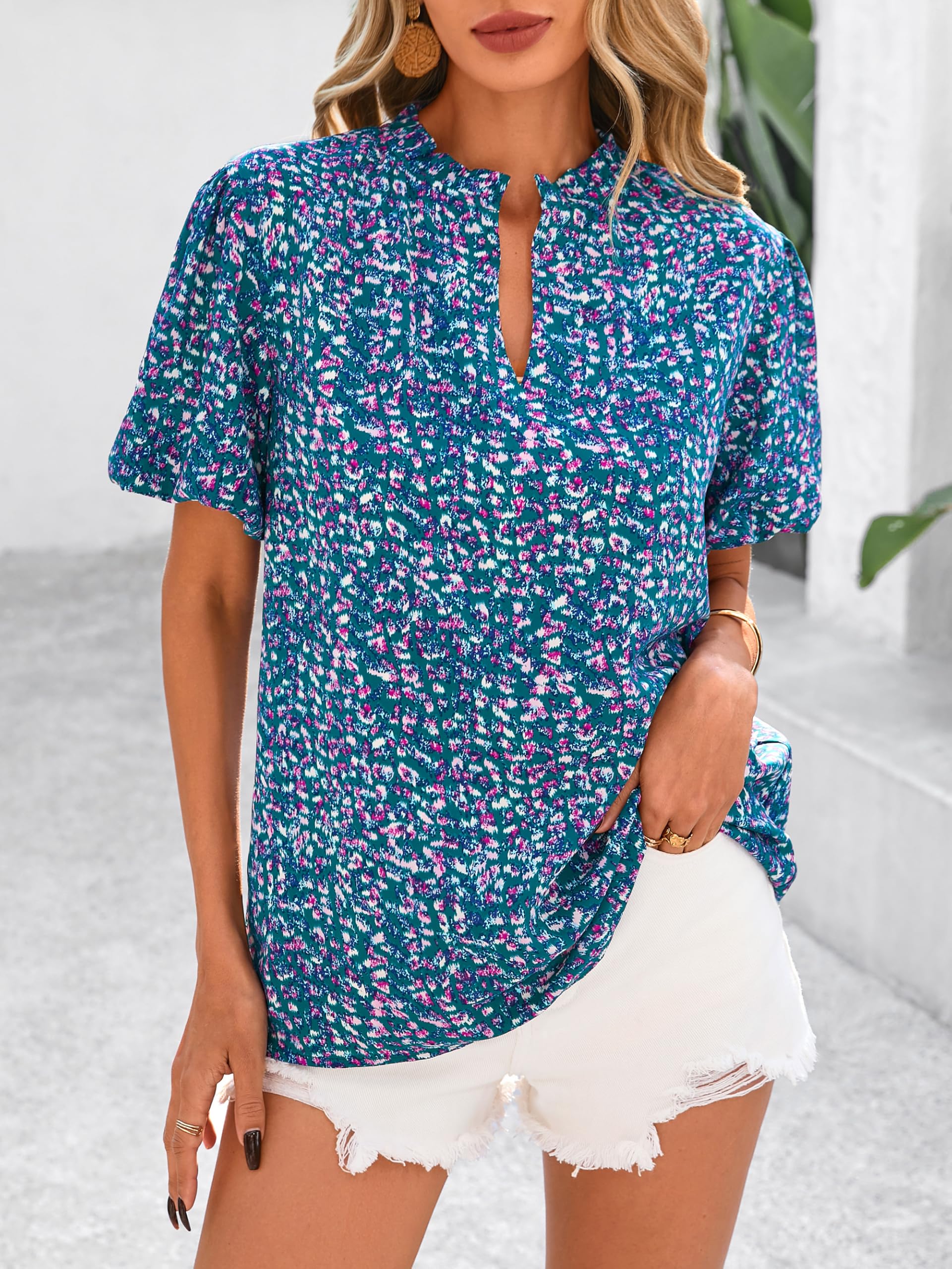 PRETTYGARDEN Boho Short Sleeve Floral Work Blouses for Women Dressy Casual V Neck Puff Sleeve Loose Chiffon Flowy Tops Shirts