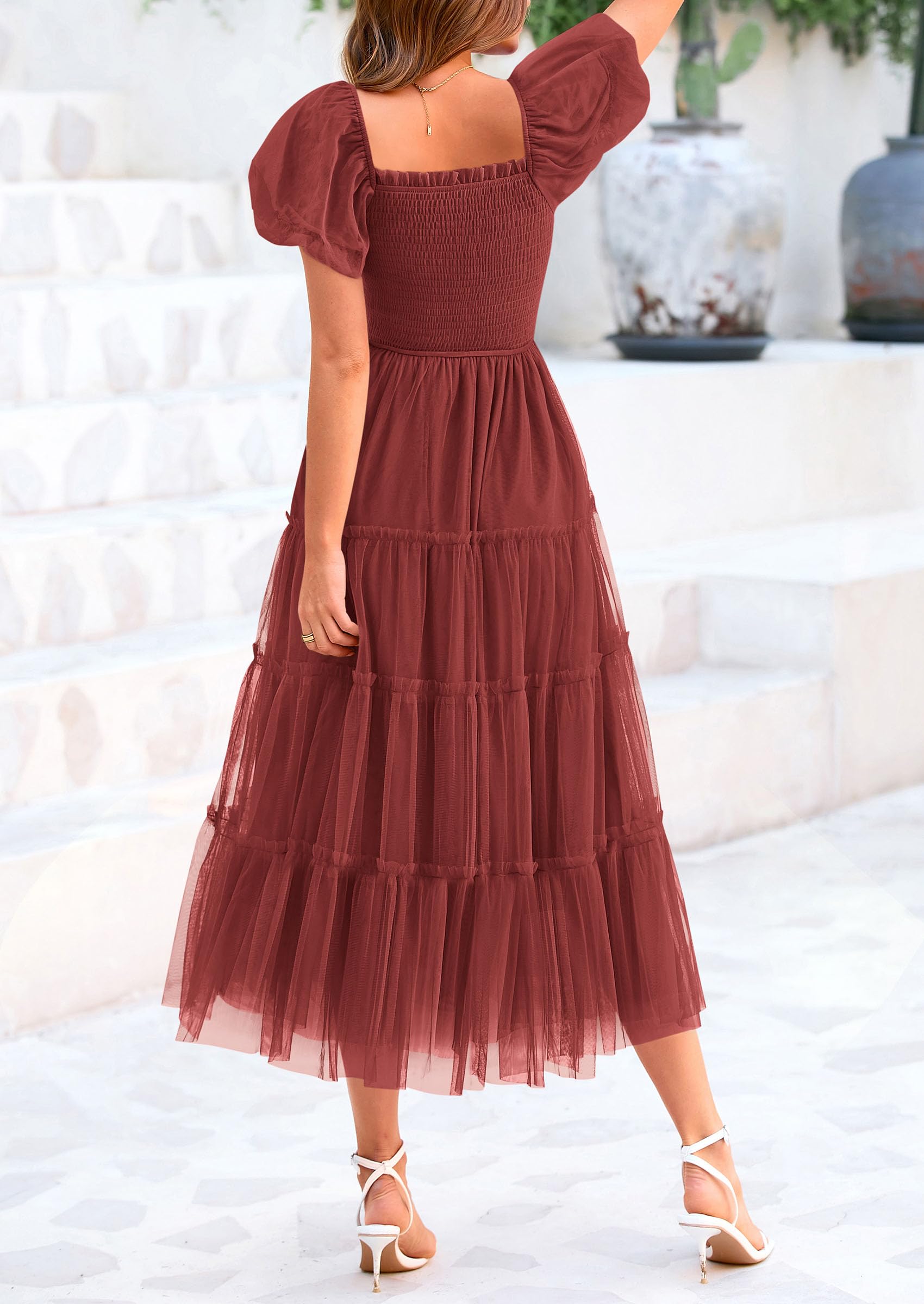 PRETTYGARDEN Women's Smocked Midi Tulle Dress  Summer Puffy Short Sleeve Square Neck Ruffle Wedding Guest Party Dresses
