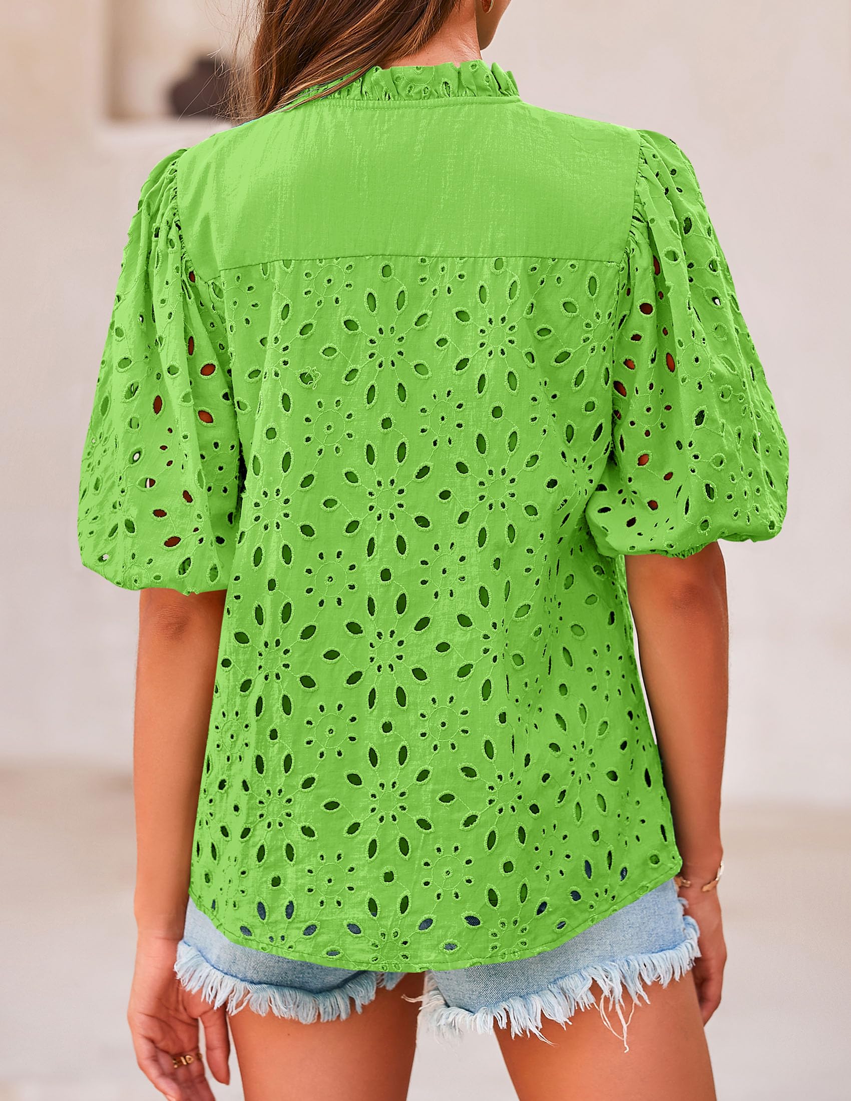 PRETTYGARDEN Women's Summer Tops Dressy Casual Short Sleeve V Neck Buttons Hollow Out Lace Embroidered Blouses Shirts