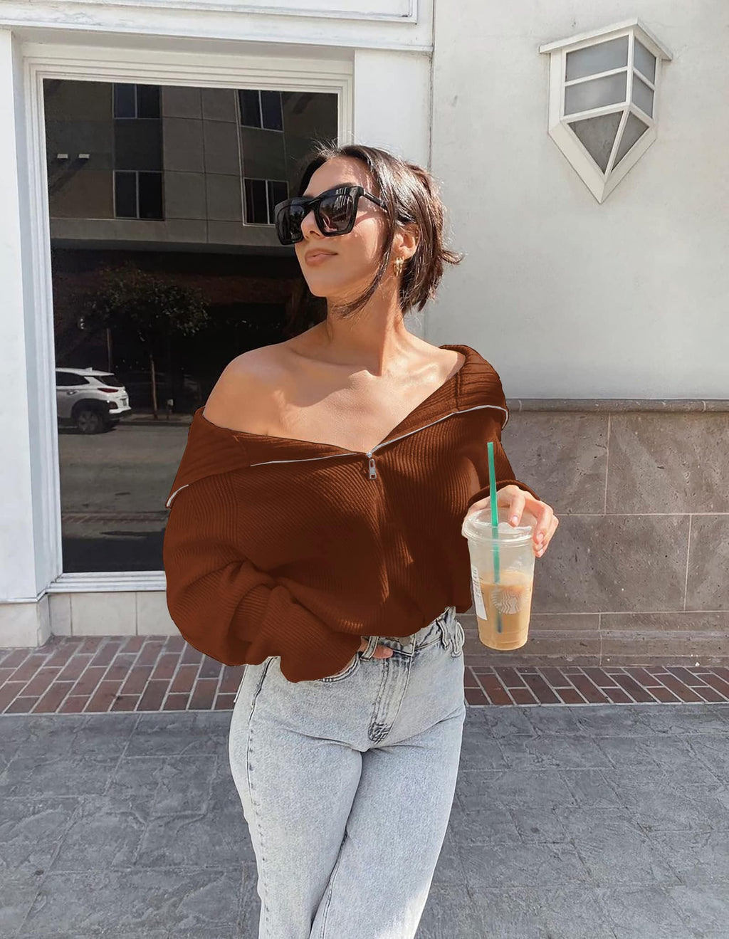 FreshPretty Womens Sweaters Quarter Zip Pullover V Neck Collar Long Sleeve Ribbed Knit Loose Casual Winter Fall Sweater