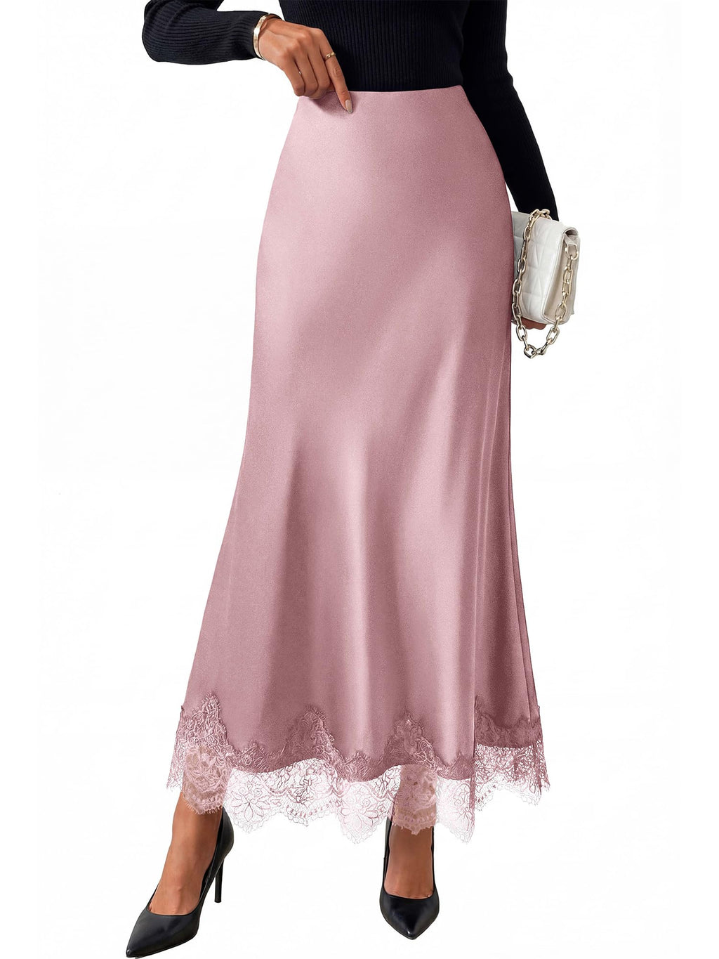 BTFBM Lace Trim Satin Skirts for Women Elegant | Lightweight, High Waist, A-Line, Flowy Maxi Skirt, Wedding, Cocktail, Graduation, Holiday Outfits, Fall Fashion Clothing