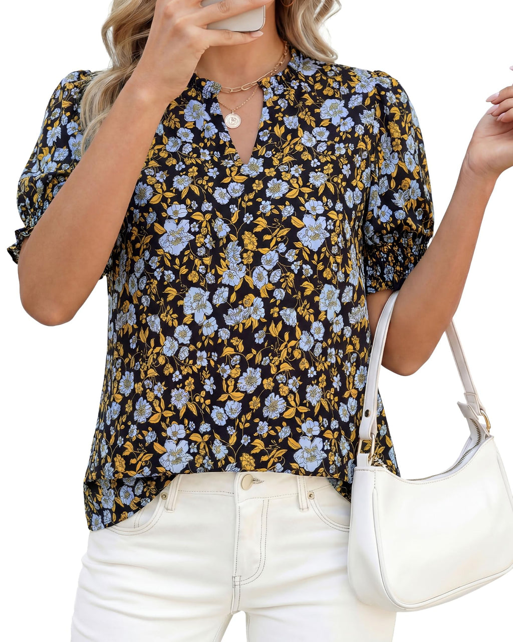 BTFBM Summer Blouses for Women Dressy Casual Fashion Spring Tops Floral Boho V Neck Puff Short Sleeve Top Shirts