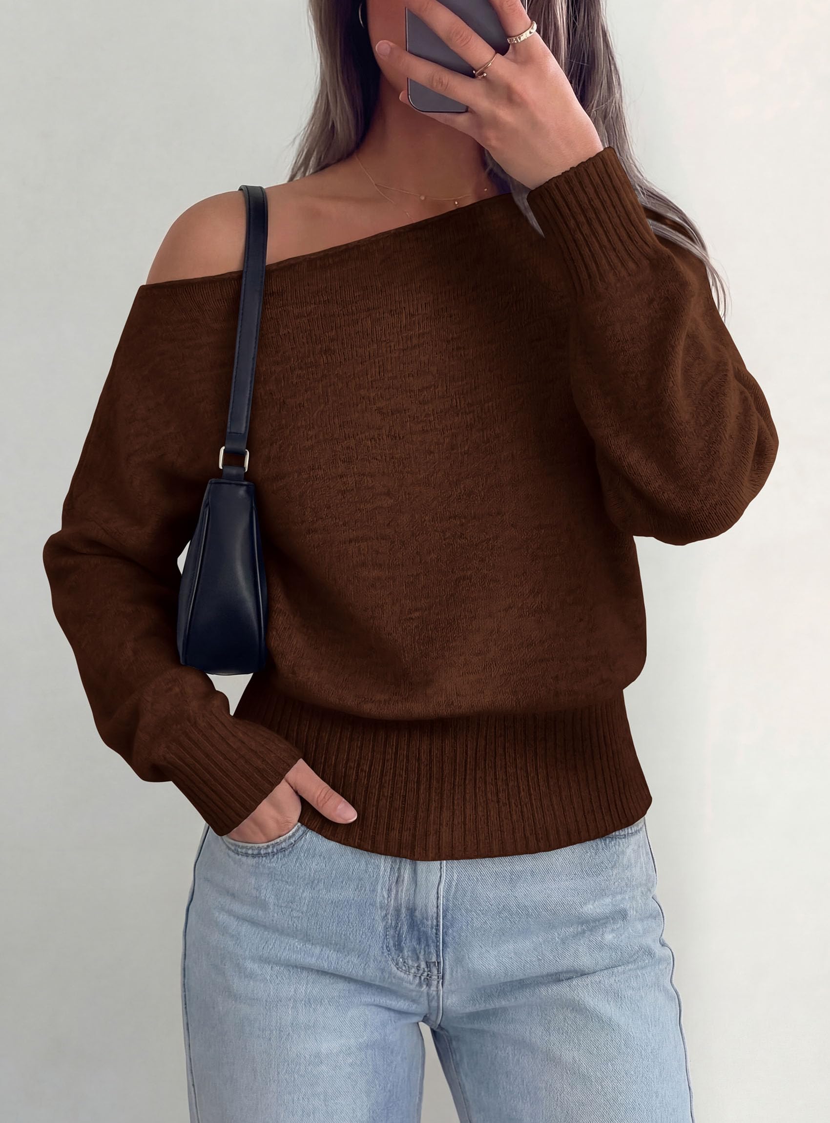 PRETTYGARDEN Womens Off The Shoulder Sweater Fall Fashion Soft Stretchy Knit Fabric, Batwing Long Sleeve Cinched Waist Cropped Sweaters, Date Night Outfit, Asymmetrical Going Out Tops