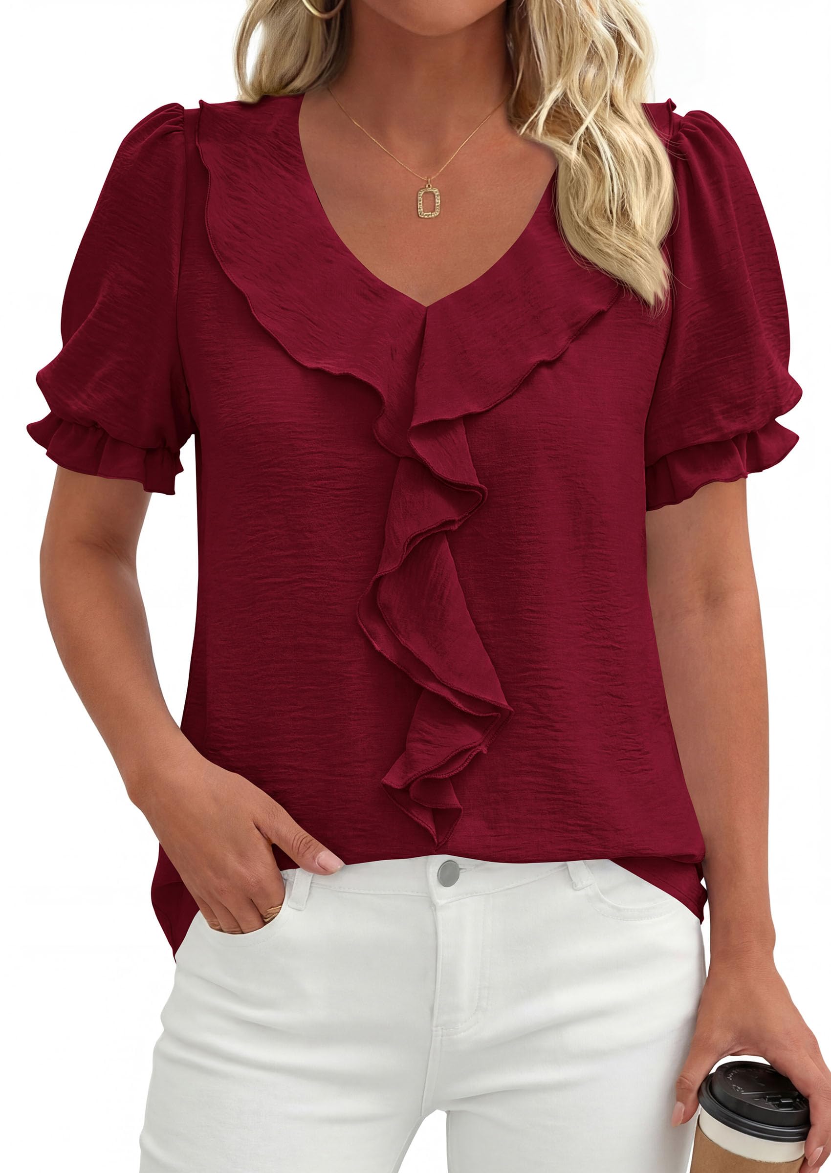 PRETTYGARDEN Women's Summer Dressy Casual Blouses Short Sleeve V Neck Ruffle Business Work Tops Trendy Spring Outfits