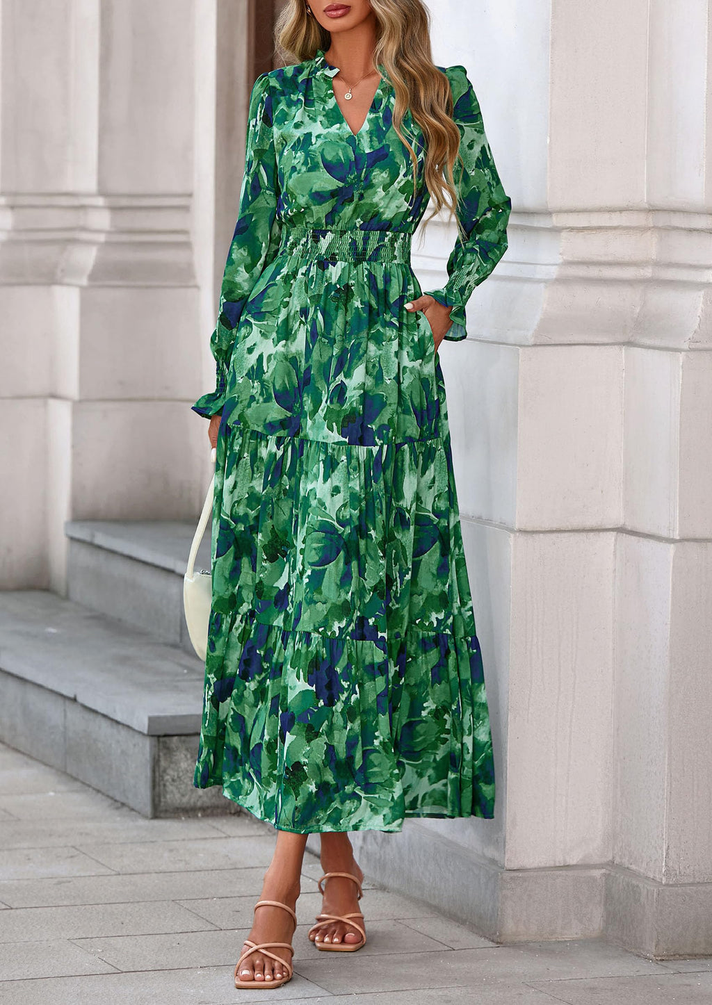 PRETTYGARDEN Women's Floral Maxi Dress Fall Long Sleeve V Neck Casual A Line Long Flowy Boho Party Dresses