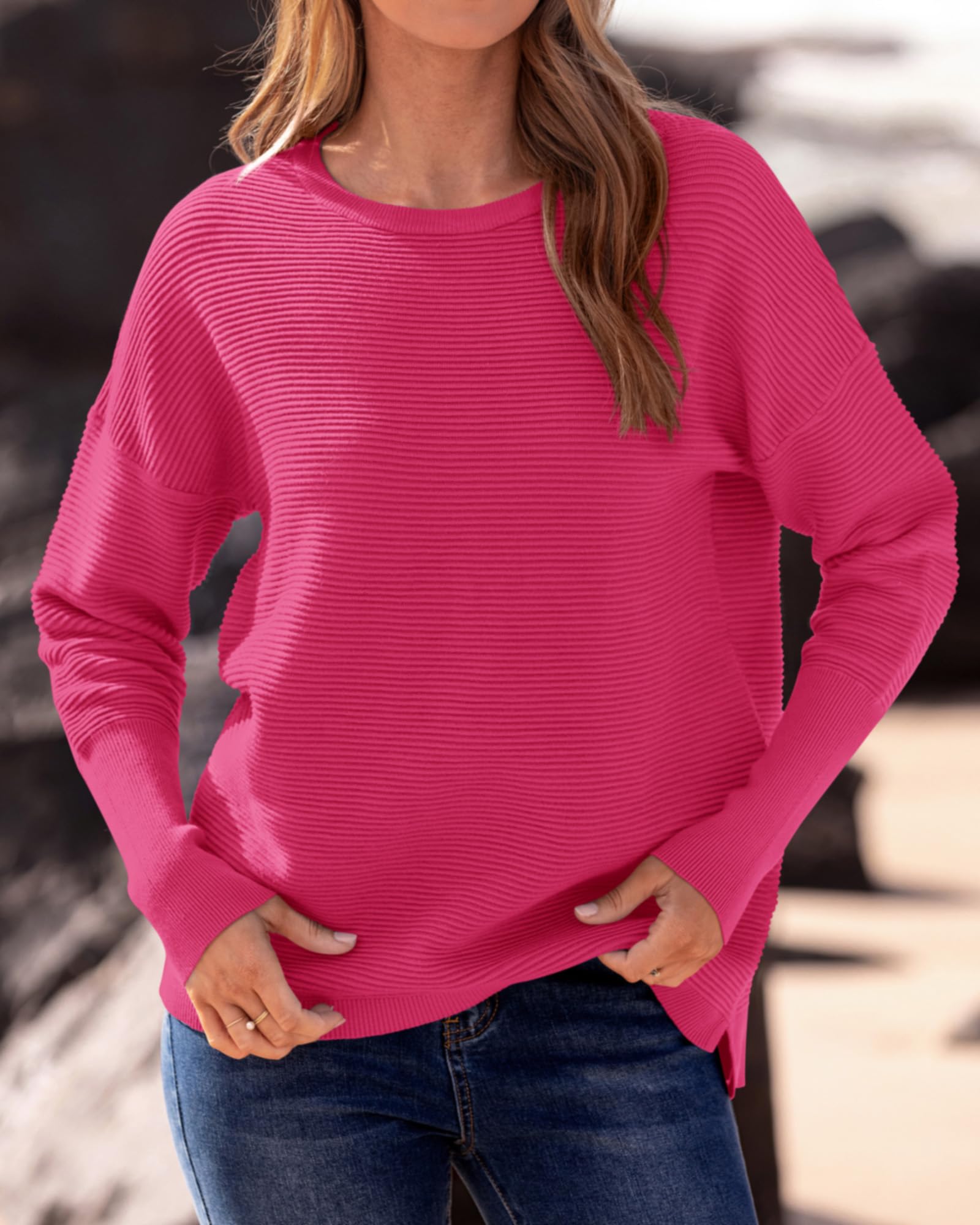 FreshPrettyFall Sweaters for Women Casual Long Sleeve Sweater Striped Loose Fit Pullover Tops