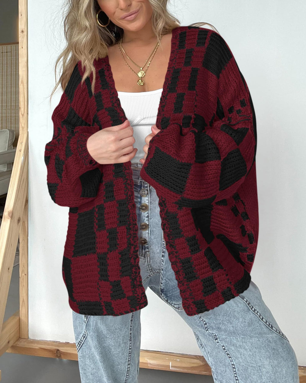 FreshPretty Casual Cardigan Sweater for Women Fall Long Sleeve Open Front Chunky Knit Sweaters Checkered Outwear Coat