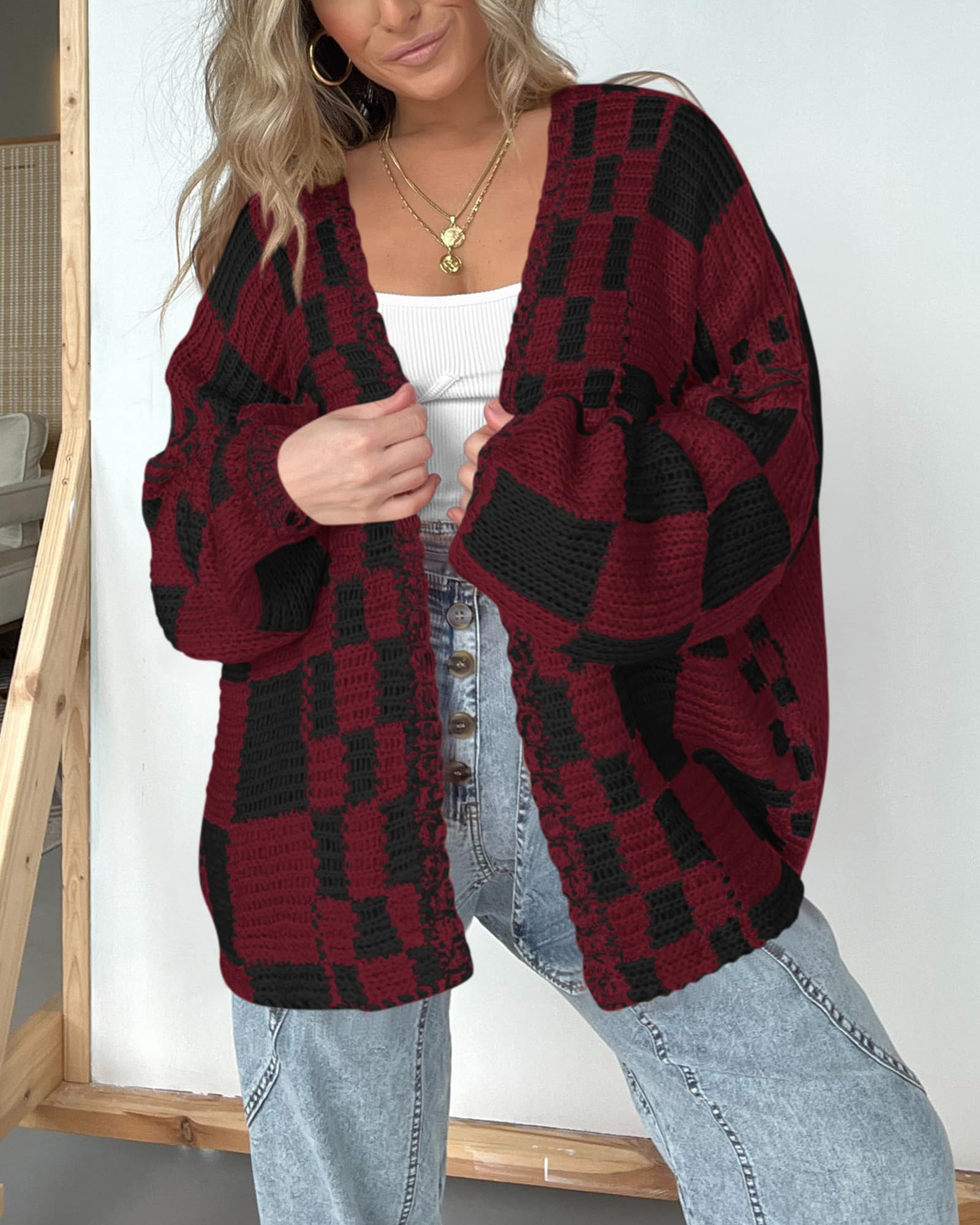 FreshPretty Casual Cardigan Sweater for Women Fall Long Sleeve Open Front Chunky Knit Sweaters Checkered Outwear Coat