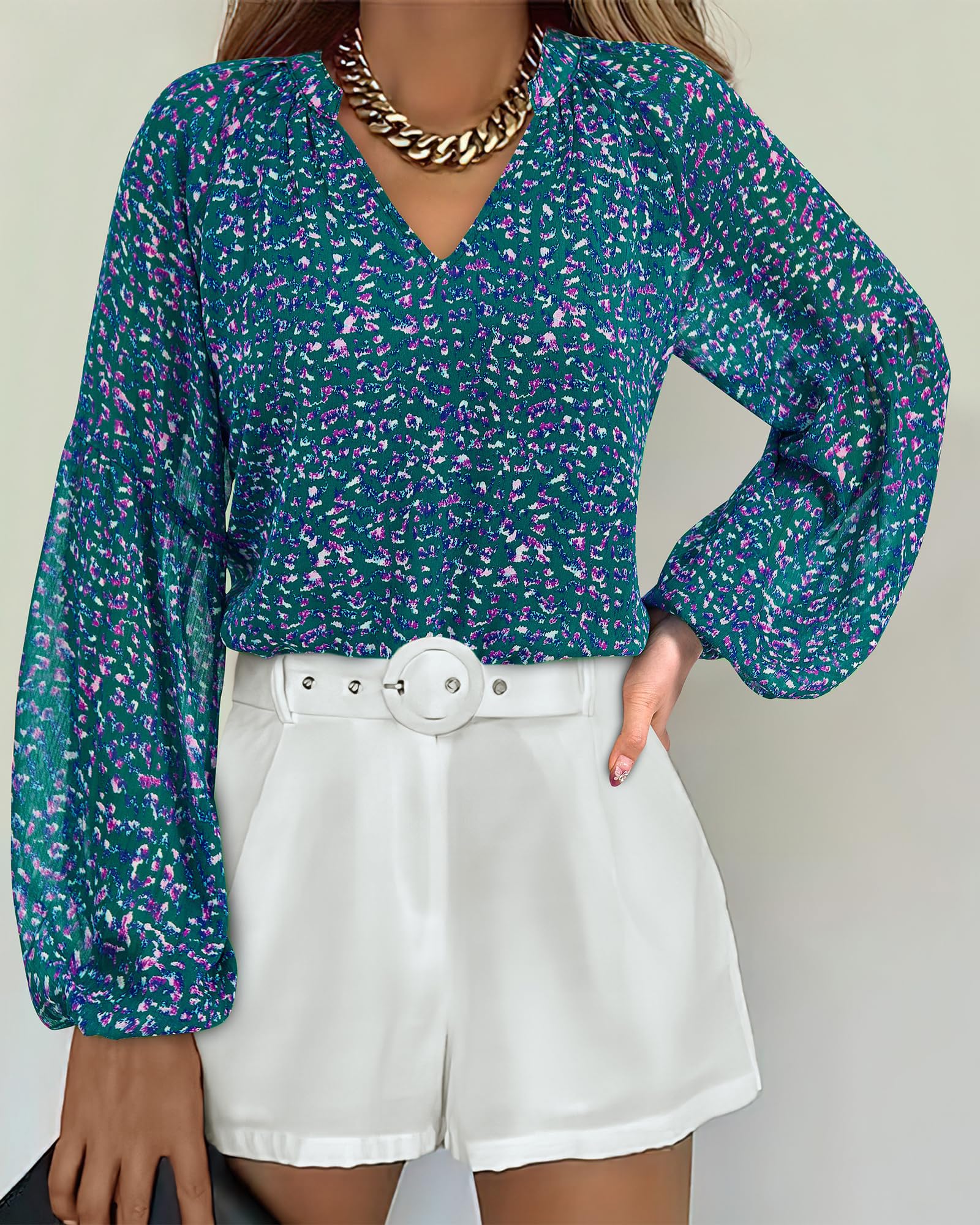 BTFBM Blouses for Women Dressy Casual Floral Summer Boho Tops V Neck Lightweight Long Sleeve Shirts Spring Clothes