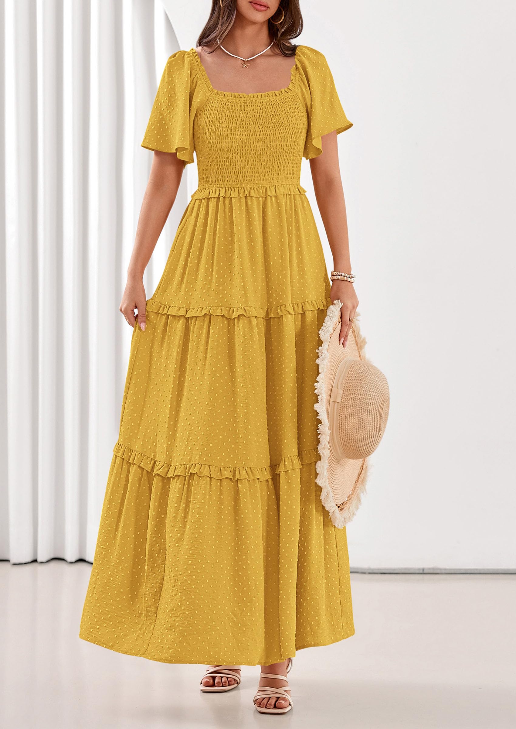 PRETTYGARDEN Summer Dresses for Women Boho Swiss Dot Smocked Square Neck Short Sleeve Spring Wedding Guest Maxi Dress
