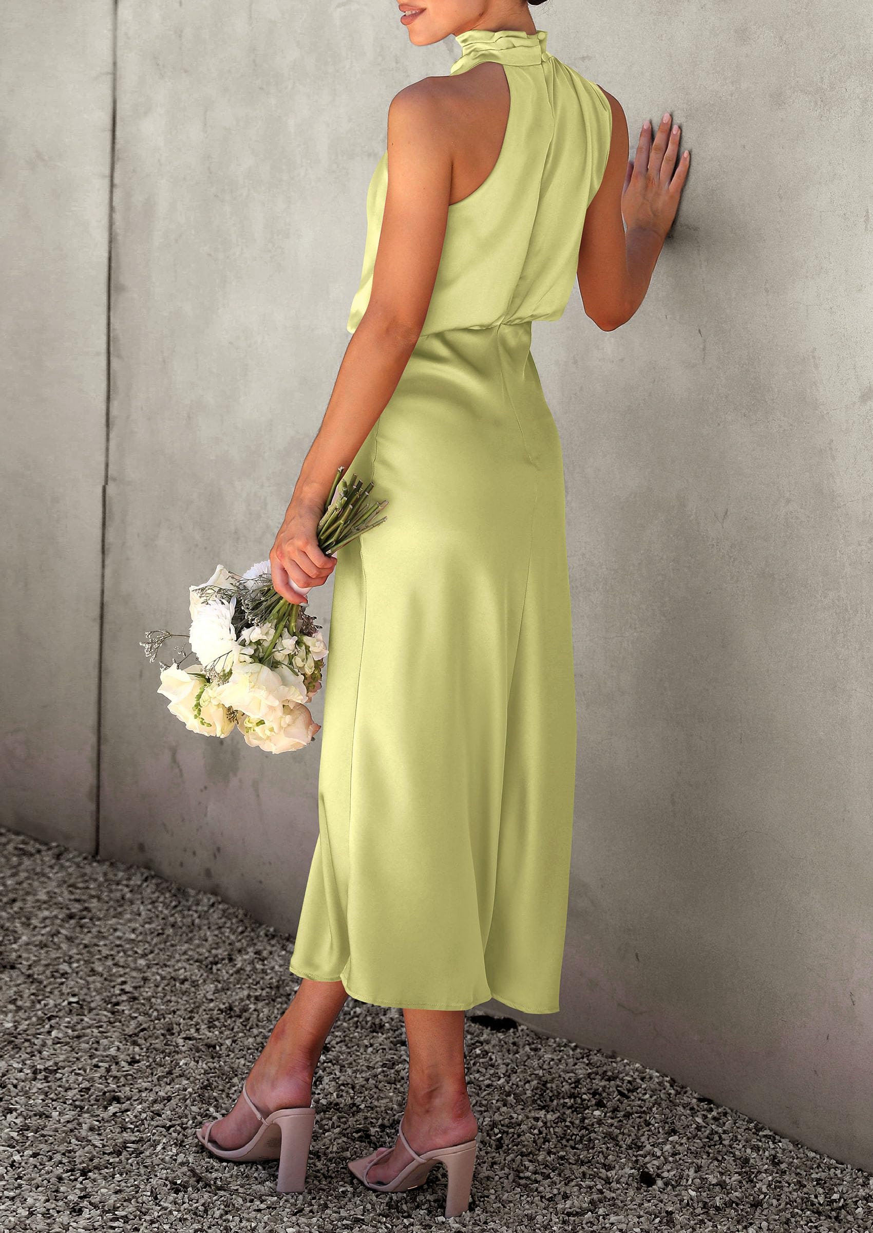PRETTYGARDEN Women's Summer Satin Dress Elegant Sleeveless Mock Neck Cocktail Party Maxi Dresses
