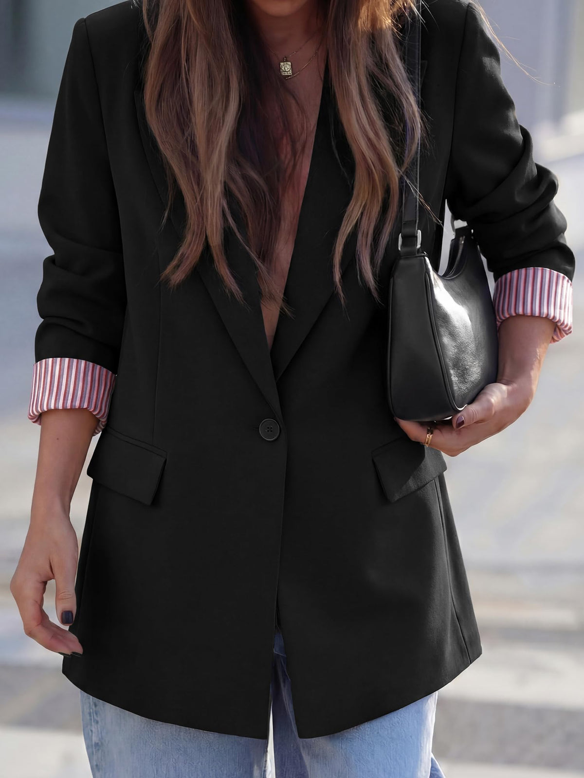 FreshPretty Blazers for Women Business Casual Fall Jackets,Lightweight Dressy Long Sleeve Suit Jacket,Loose Lapel Button Front,Striped Lined,Formal Professional Office Work Clothes