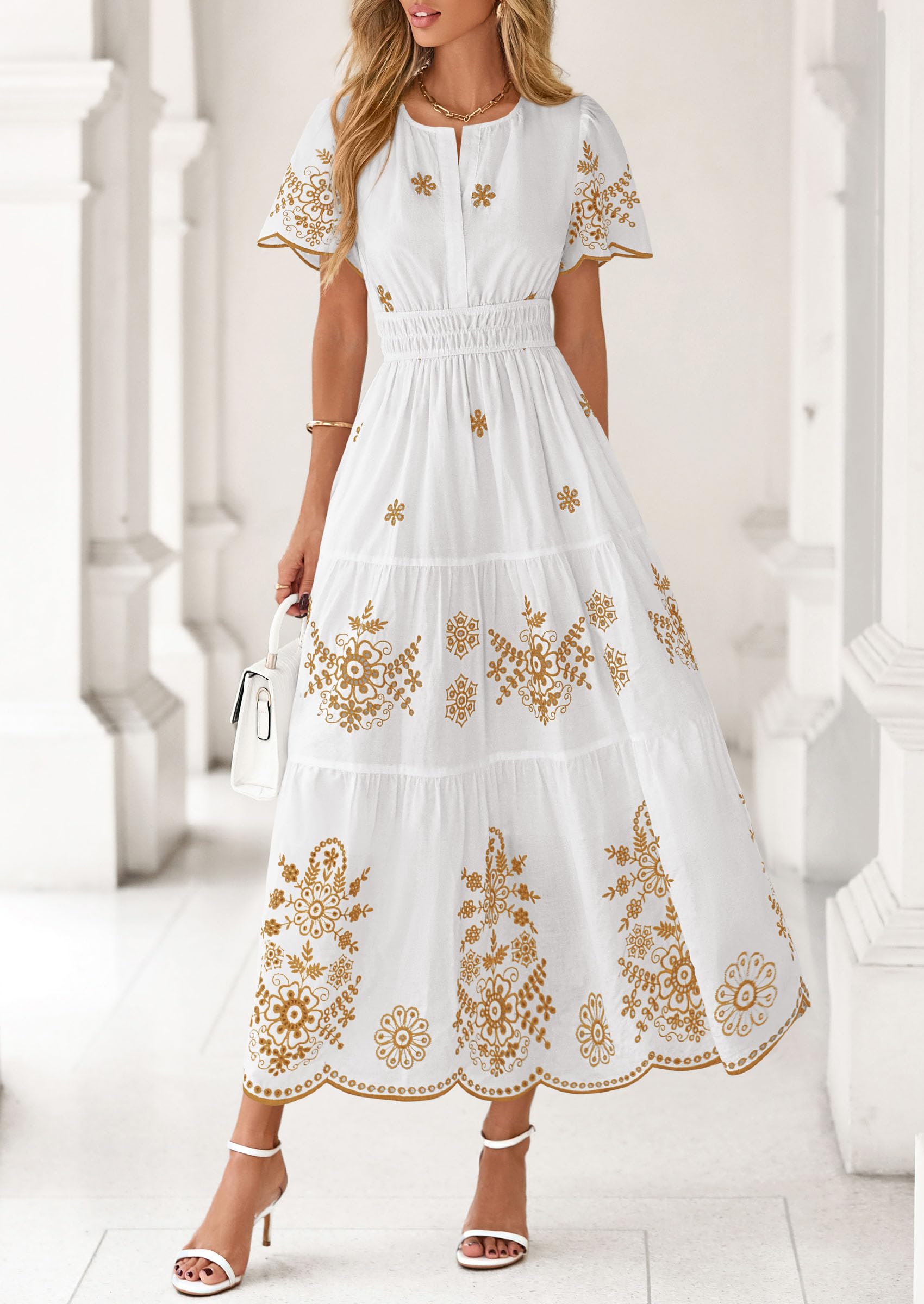 PRETTYGARDEN Boho Dresses for Women Summer Spring Casual Floral Short Sleeve V Neck Maxi Elastic Waist Dress Pockets