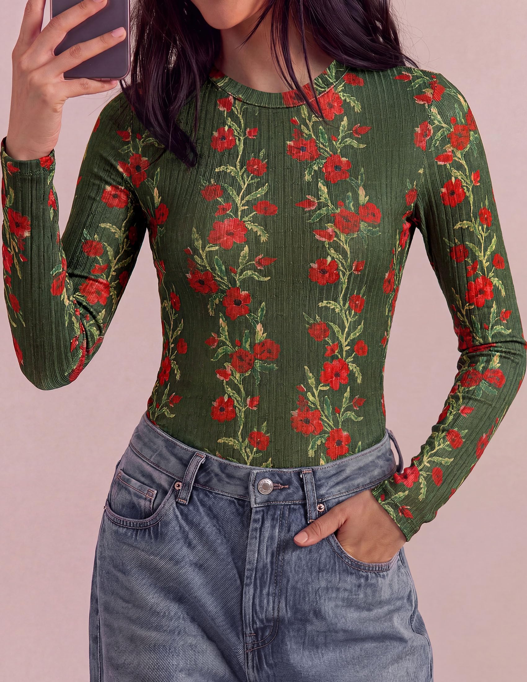 PRETTYGARDEN Womens Long Sleeve Shirts Floral Y2K Tops Soft Lightweight Ribbed Knit Top,Fitted Waist,Crew Neck Slim Fit,Going Out Vacation Outfits,Layering Fall Winter Clothes