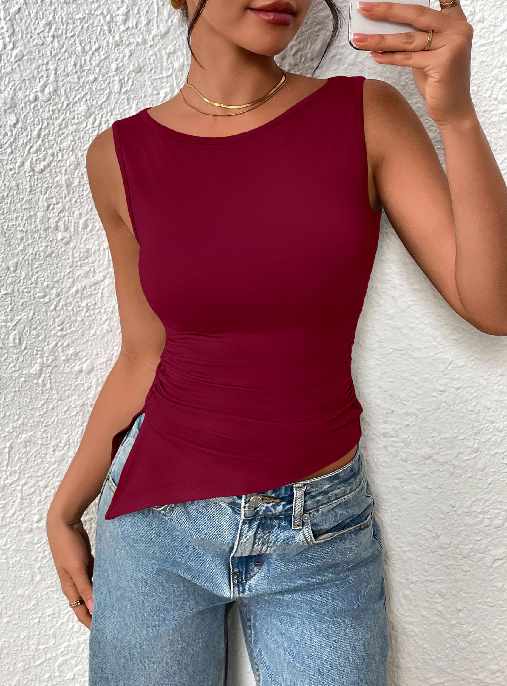 PRETTYGARDEN Womens Ruched Tank Tops  Summer Sleeveless Slim Fit T Shirts Blouses Going Out Y2K Fashion Clothes